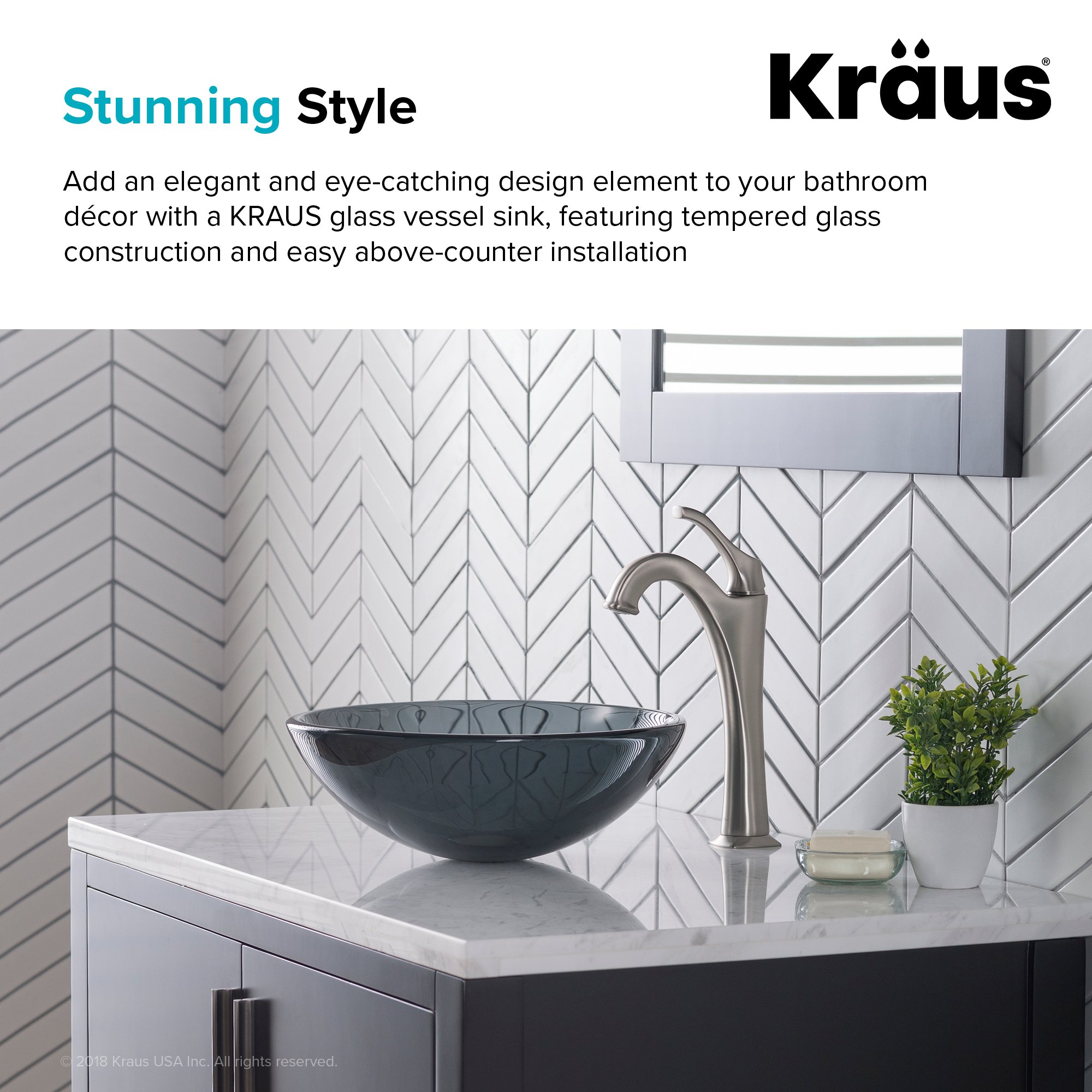 KRAUS 14 Inch Round Clear Black Glass Vessel Bathroom Sink - Modern Above Counter Bathroom Vanity Sink for Contemporary Home Decor | Perfect for Bathroom Remodel, Powder Room Upgrade & Luxury Spa Style