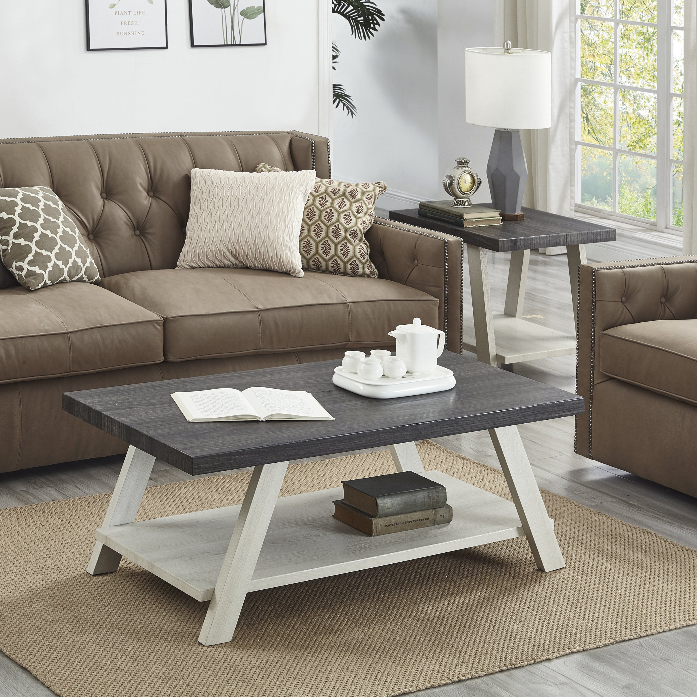 Roundhill Furniture Athens Contemporary 3-Piece Wood Shelf Coffee Table Set - Weathered Charcoal & Beige Finish - Perfect for Living Room, Lounge & Modern Home Decor