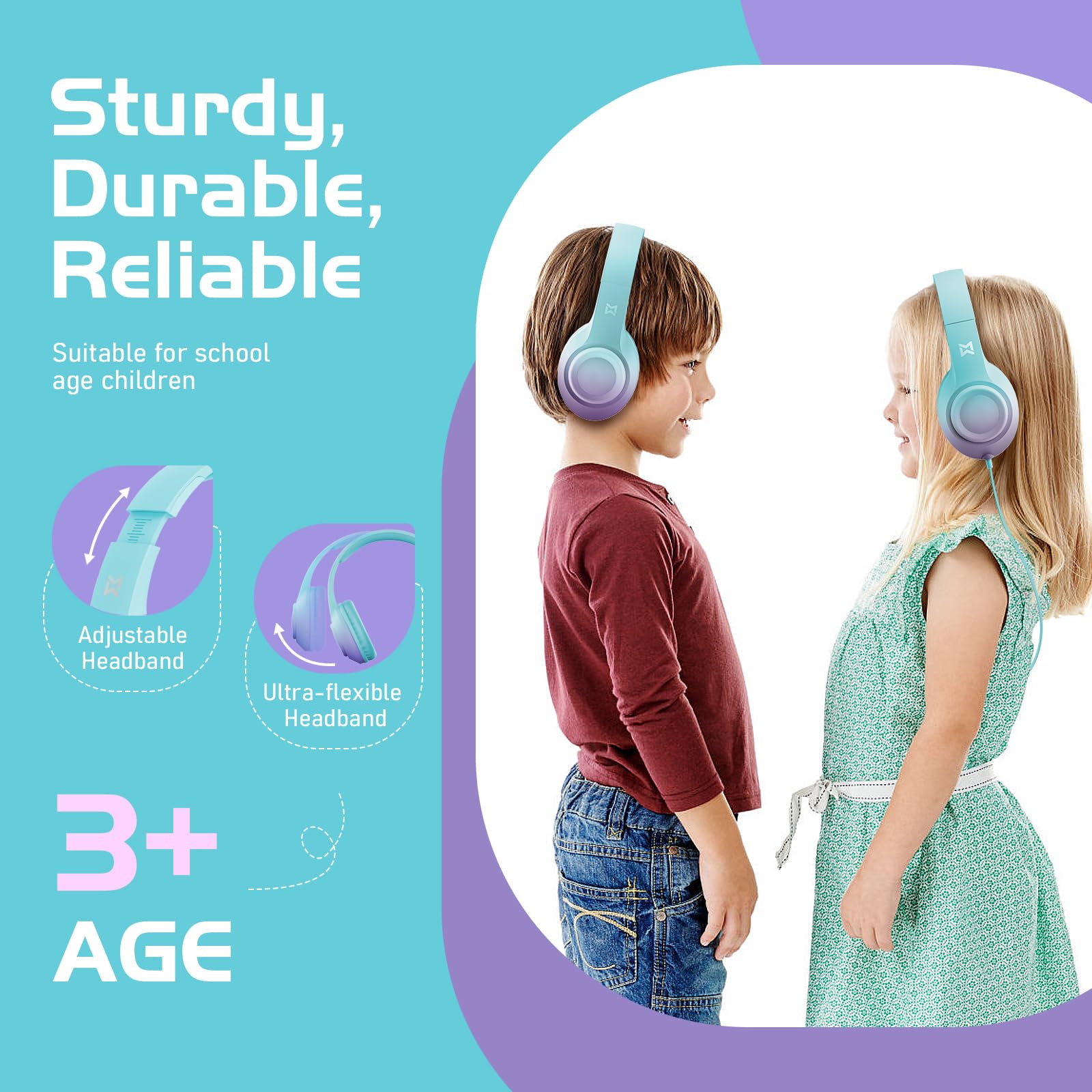 Kids Wired Headphones 94dB Volume Limit - Foldable Over-Ear for School & Travel
