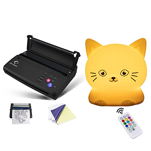 Professional Thermal Copier Tattoo Stencil Transfer Machine with 10 Free Sheets - Portable Tattoo Printer for Artists & Beginners - Perfect for Home Studios & Tattoo Shops | Cute Touch Sensor Cat Night Light for Kids Nursery - Soft Glow LED Lamp for Bedtime & Room Decor