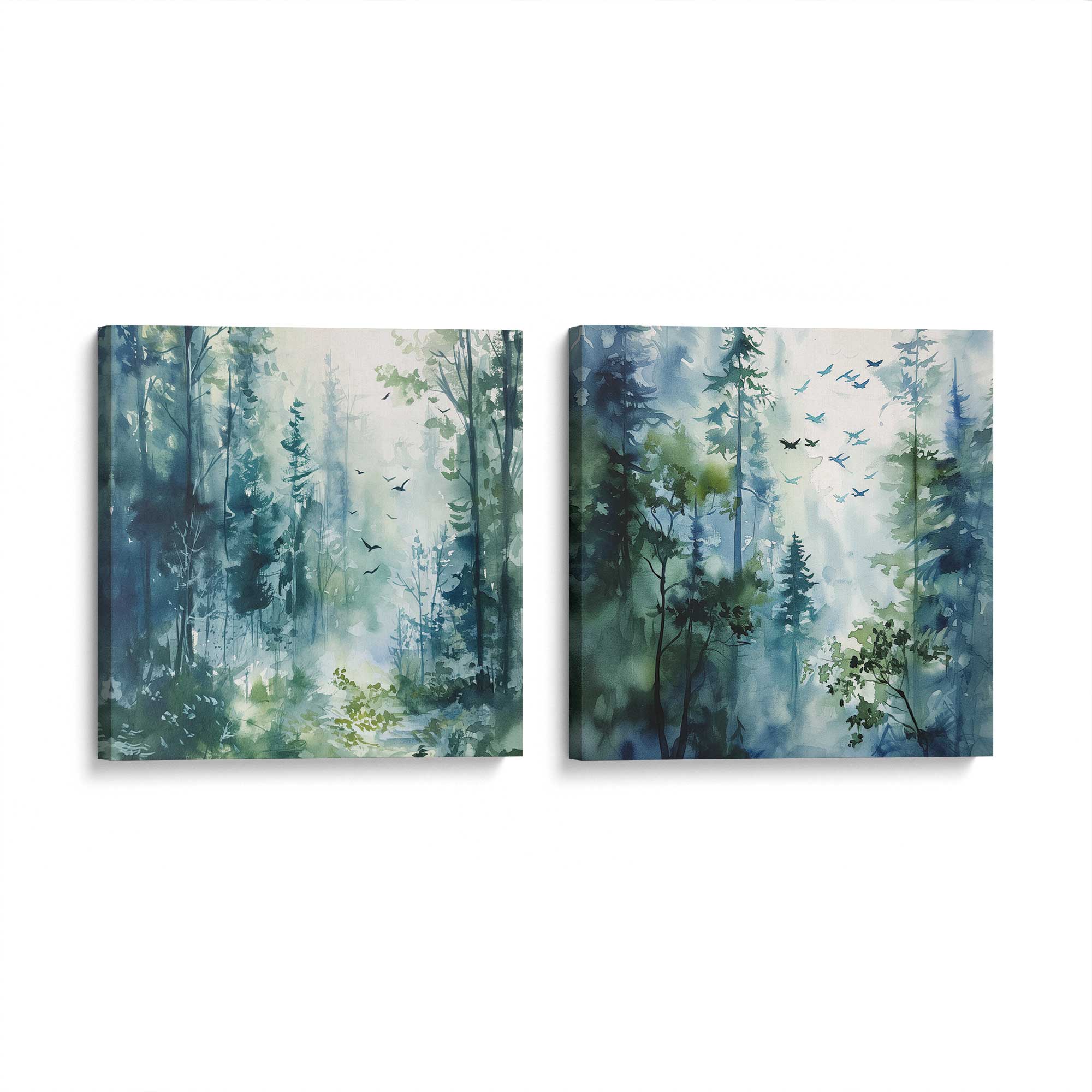 Enchanted Forest Canvas Prints - Set of 2 Blue and Green Nature Wall Art for Living Room, Bedroom & Office Decor