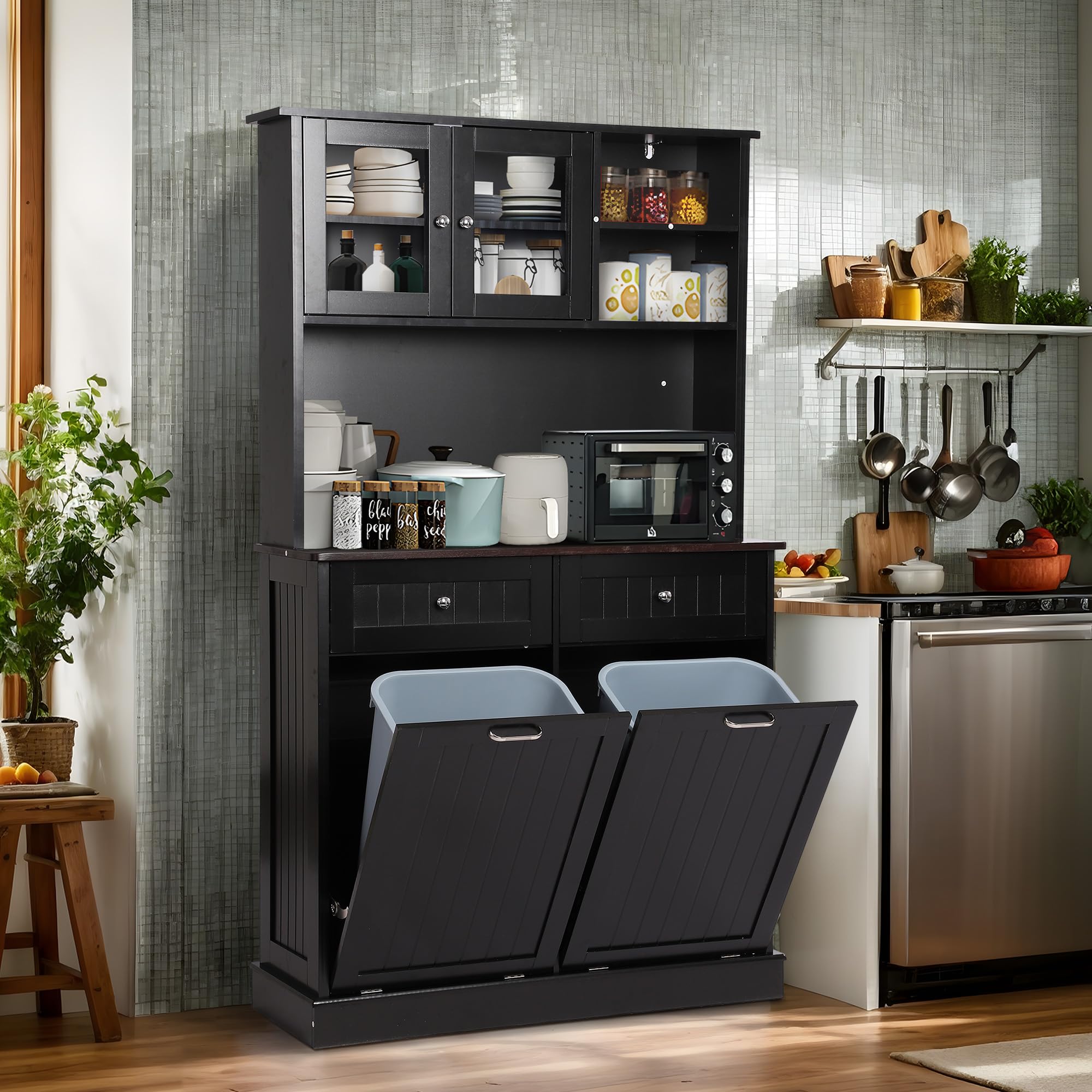**Tall Freestanding Kitchen Pantry Storage Cabinet with Microwave Shelf & Tilt-Out Trash Bin - Classic Black - Perfect for Small Kitchens & Pantry Organization**