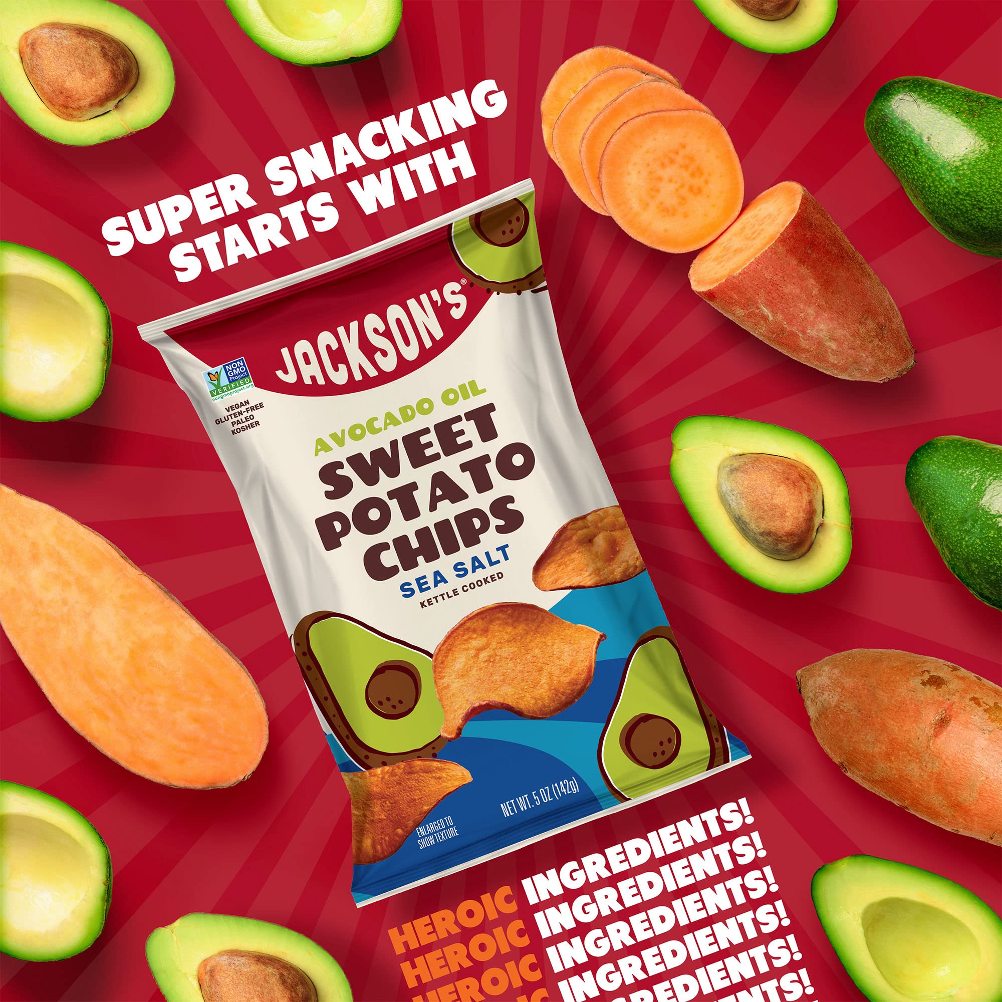 Jackson’s Sweet Potato Kettle Chips with Sea Salt - Made with Premium Avocado Oil (5 oz, Pack of 12) | Allergen-Friendly, Gluten Free, Vegan & Paleo Snacks | Shark Tank Featured Product | Perfect for Parties, School Lunches & Healthy On-the-Go Snacking