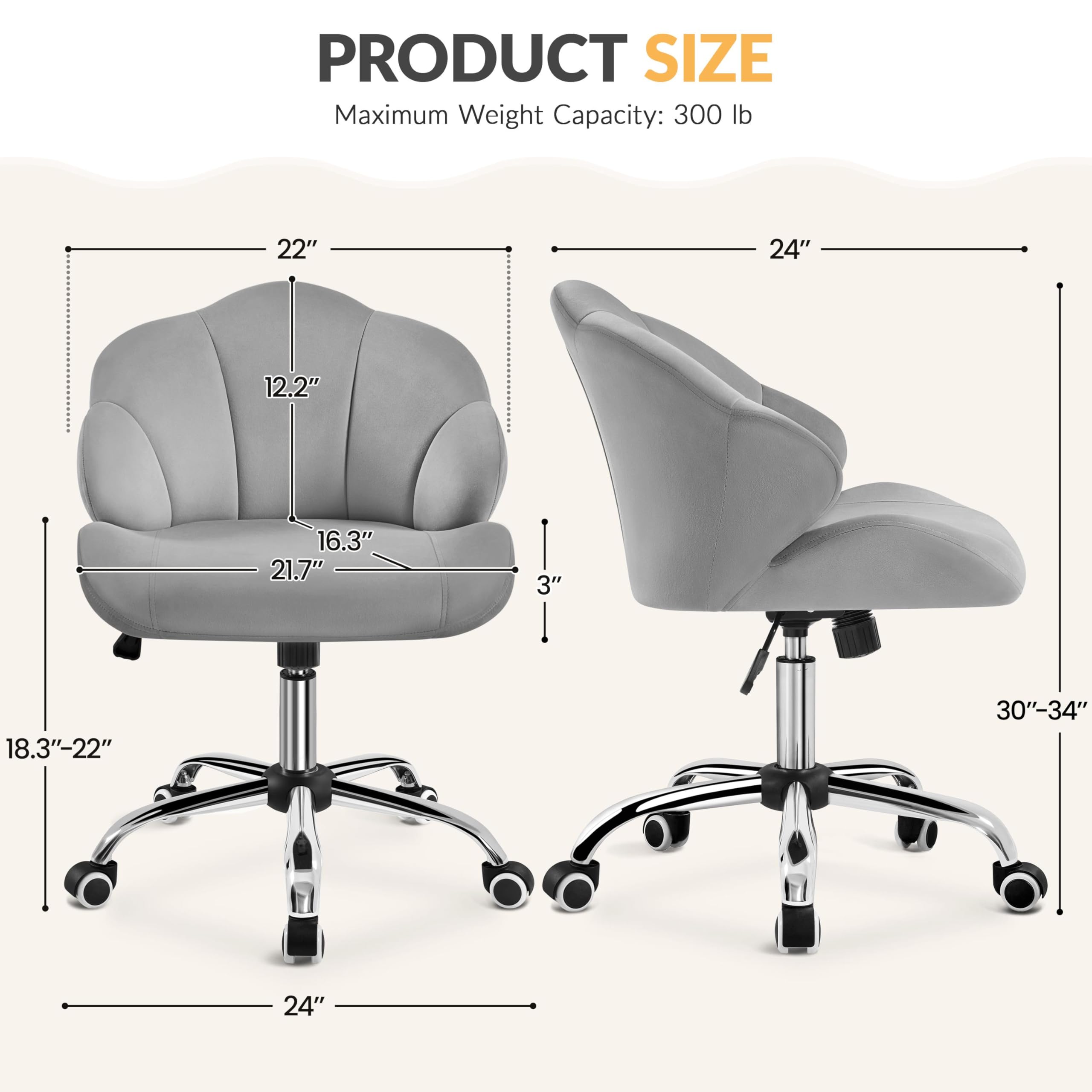 Yaheetech Velvet Swivel Vanity Chair with Wheels - Adjustable Height Home Office Desk Chair with Shell-Shaped Backrest for Bedroom Makeup & Dressing Table (Light Gray) - Perfect for Beauty Salon, Bridal Dressing Room & Home Office Workspace