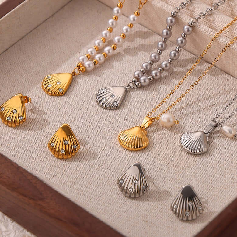 18K Gold Freshwater Pearl Seashell Pendant Earrings Set for Women - Elegant Dangle Drop Earrings for Wedding, Party & Evening Wear | MDT010