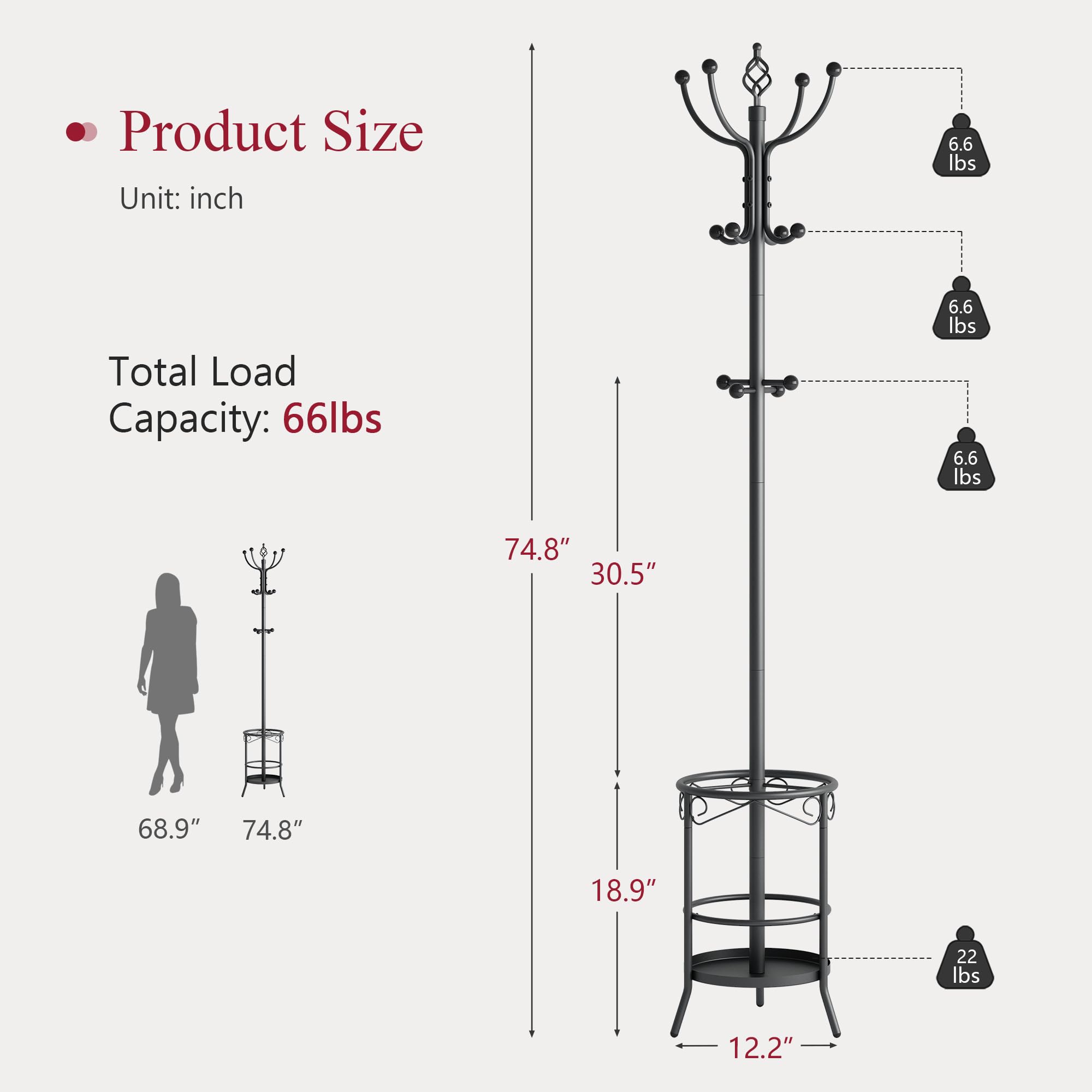 Tajsoon Coat Rack Stand with Umbrella Holder - 12 Hooks Entryway Organizer for Jackets, Hats & Bags | Perfect for Living Room, Bedroom & Office Decor | Space-Saving Hallway Storage Solution