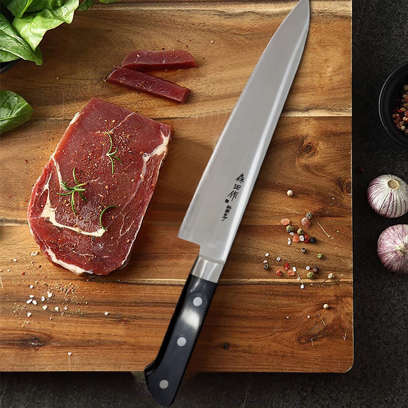 10.6 Inch Professional Japanese Gyuto Chef Knife - High Carbon Steel Blade with Ergonomic Black Handle for Home Kitchen & Restaurant Use - Perfect for Slicing, Dicing & Meat Cutting