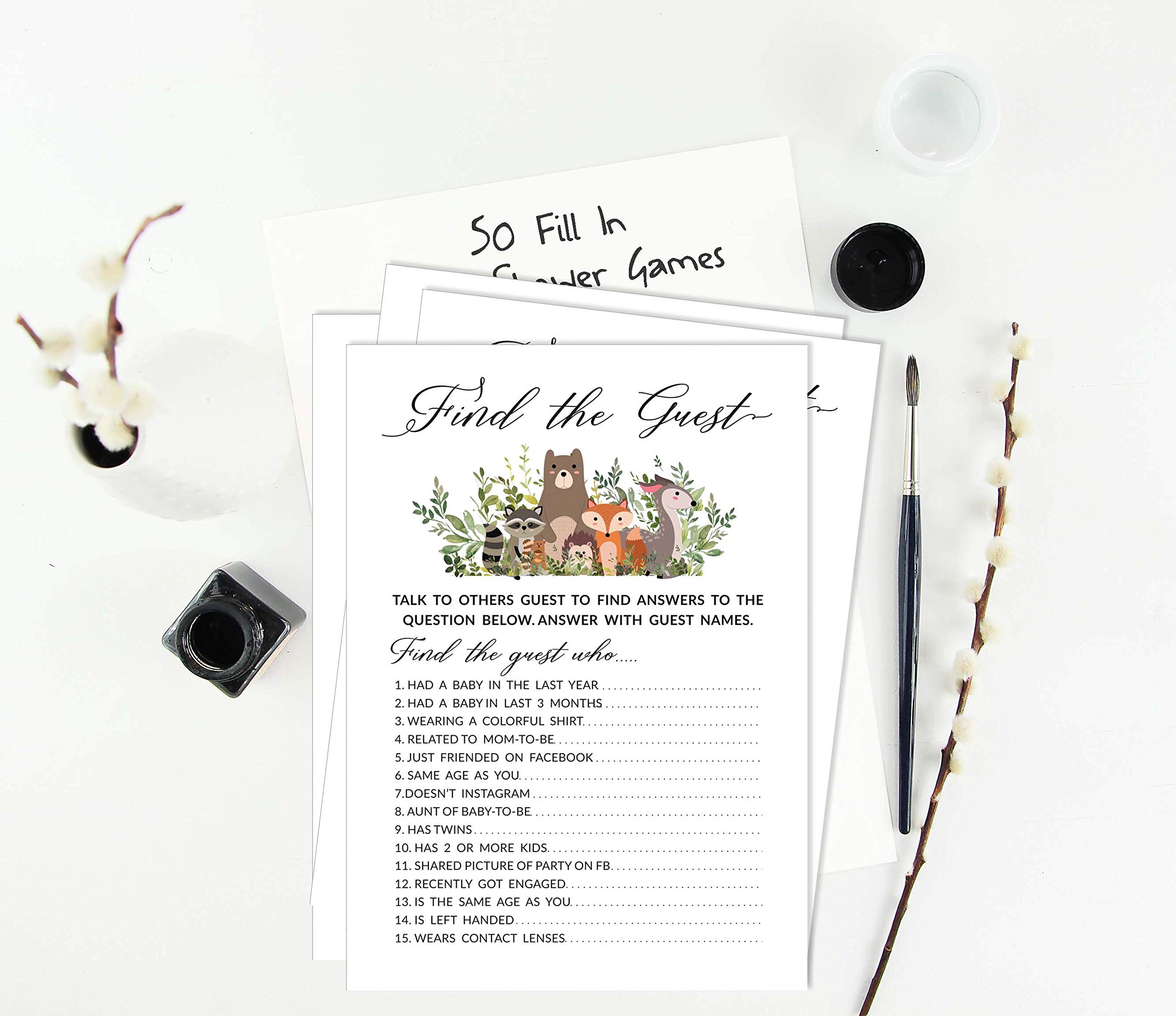 50 Find The Guest Baby Shower Game Cards - Gender Neutral Leaves & Animals Theme - Icebreaker Party Activity for Baby Showers & Gender Reveals