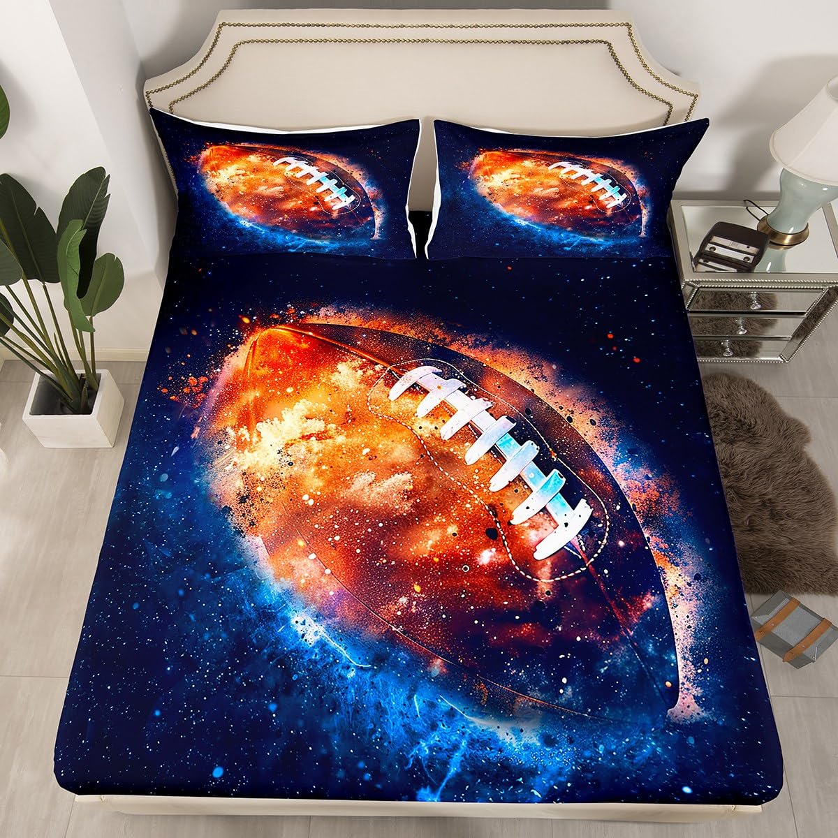 Castle Fairy Burning Football Full Size Bed Sheet Set for Kids - Blue & Red Flame Starry Sky Design - Includes 1 Flat Sheet, 1 Fitted Sheet & 2 Pillowcases - Perfect for Boys & Girls Bedrooms, Sleepovers & Themed Decor