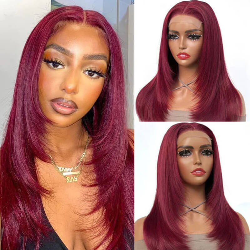 Buy 2 Human Hair Wigs for $169 - Layered Cut Burgundy Straight 4x4 Lace Wig with Free Curly 4x4 Bob Wig | Perfect for Daily Wear, Parties & Special Occasions