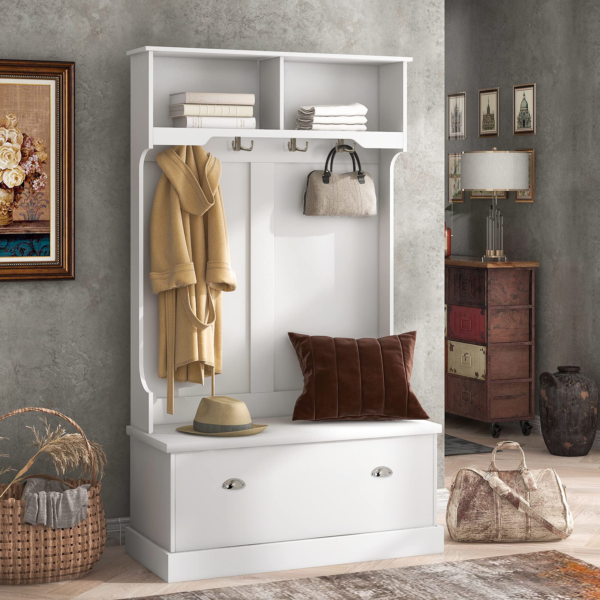 Shaken Hall Tree with 4 Hooks & Storage Bench - 3-in-1 Entryway Organizer with Coat Rack, 40-Inch White Bench for Entrance, Hallway & Mudroom - Perfect for Storing Shoes, Coats & Bags in Small Spaces
