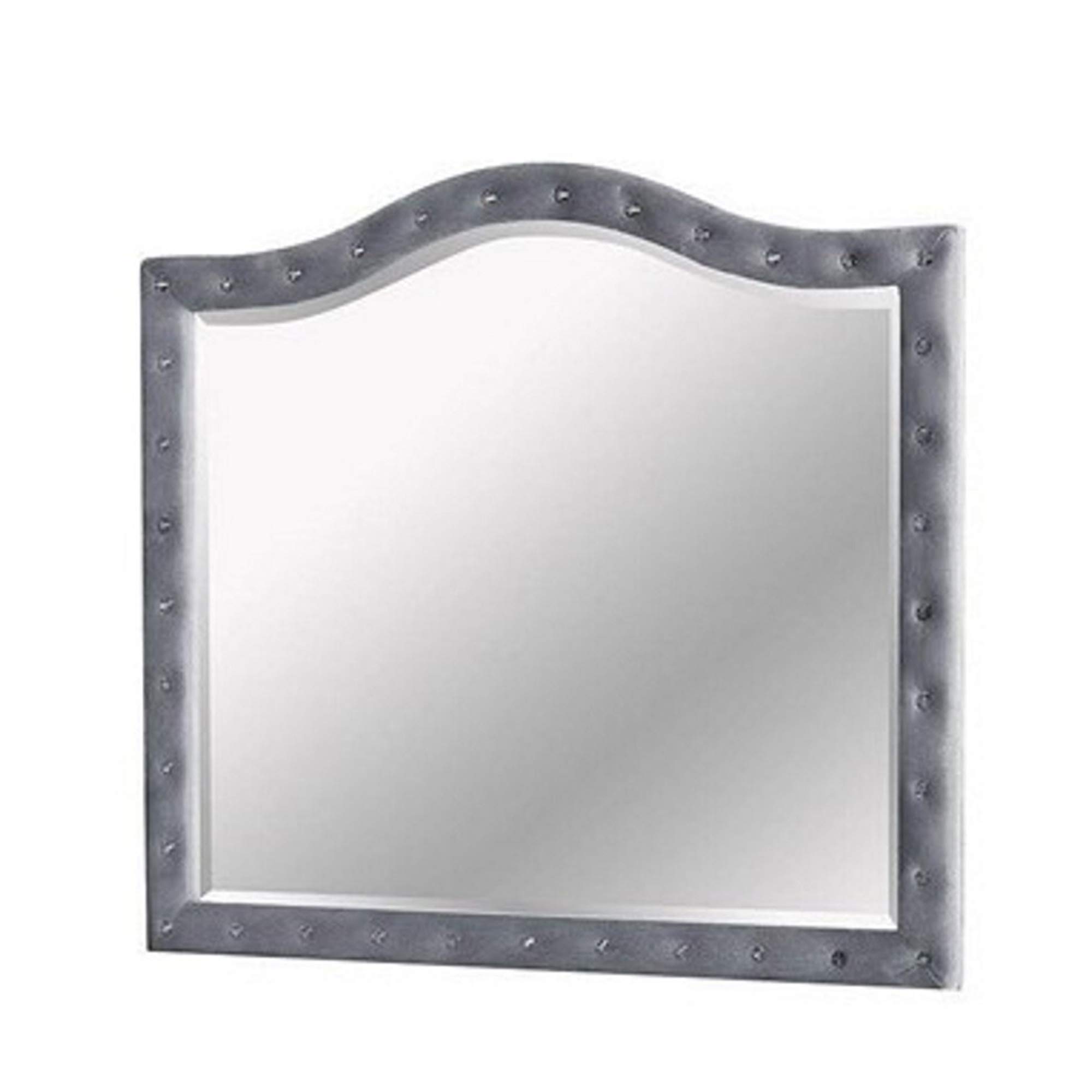 Benjara 38 Inch Gray Fabric Padded Frame Mirror with Button Tufting - Elegant Full-Length Dressing Mirror for Bedroom, Living Room, and Entryway Decor