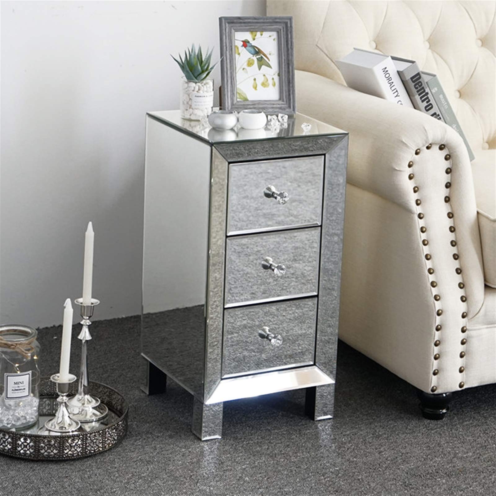 Modern Mirrored 3-Drawer Nightstand with Crystal Knobs - Bedroom & Living Room Storage