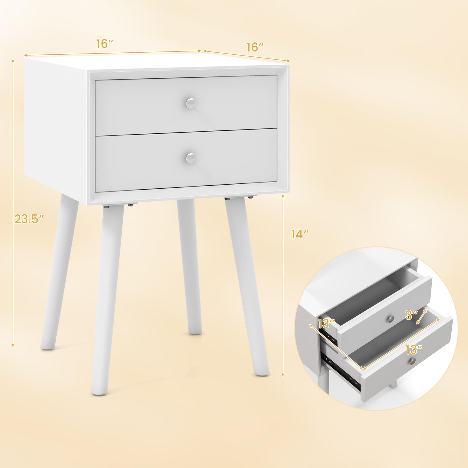 Giantex White Nightstand with 2 Drawers - Solid Wood Bedside Table for Bedroom & Living Room