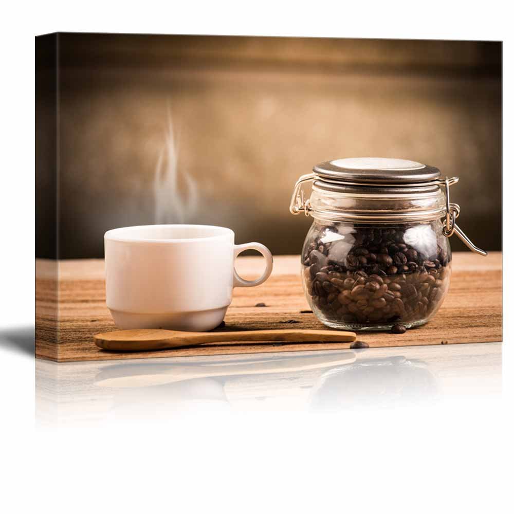 Premium Canvas Wall Art - Coffee Cup & Saucer on Wooden Table with Dark Background - 16x24 Inches - Perfect for Kitchen, Dining Room & Cafe Decor