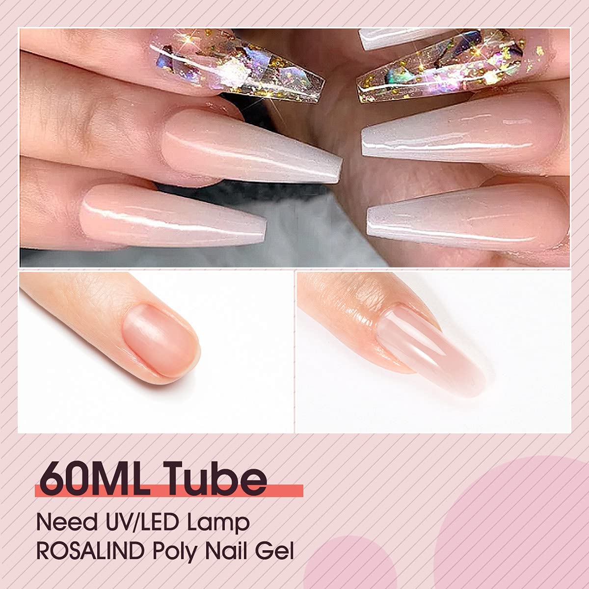 ROSALIND 60ml Soft Pink Poly Nail Extension Gel - Pale Pink Acrylic Nail Art Gel for DIY Home Manicure & Nail Decoration, UV/LED Lamp Required | Perfect for Salon Professionals & At-Home Nail Enthusiasts