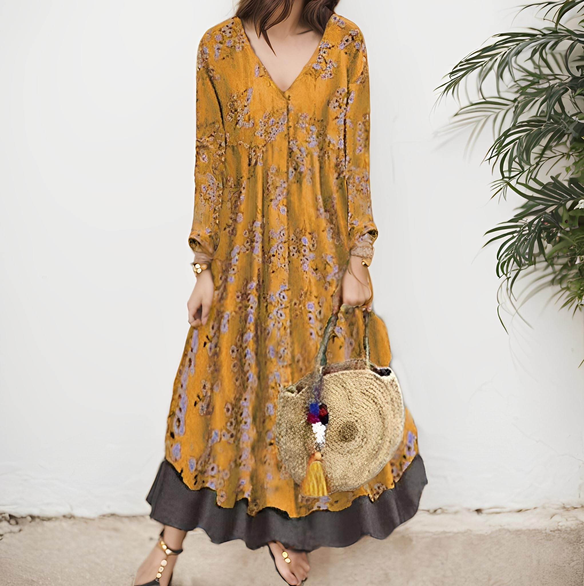 Boho Floral Print Long Sleeve Midi Dress for Women - Loose Fit Crew Neck Spring Dress with 2 Pockets | Perfect for Casual Outings, Beach Vacations & Festival Wear
