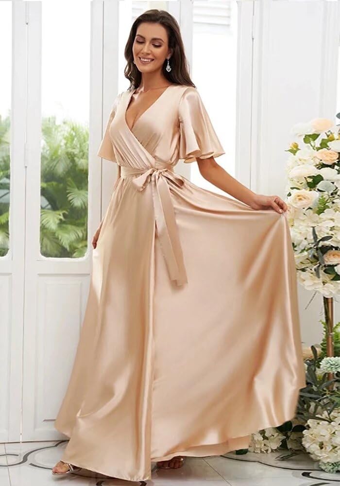 Dexinyuan Women's Elegant V-Neck Satin Bridesmaid Dress with Thigh High Slit & Sleeve Pockets - Long Formal Evening Gown for Weddings, Prom, Cocktail Parties & Special Occasions