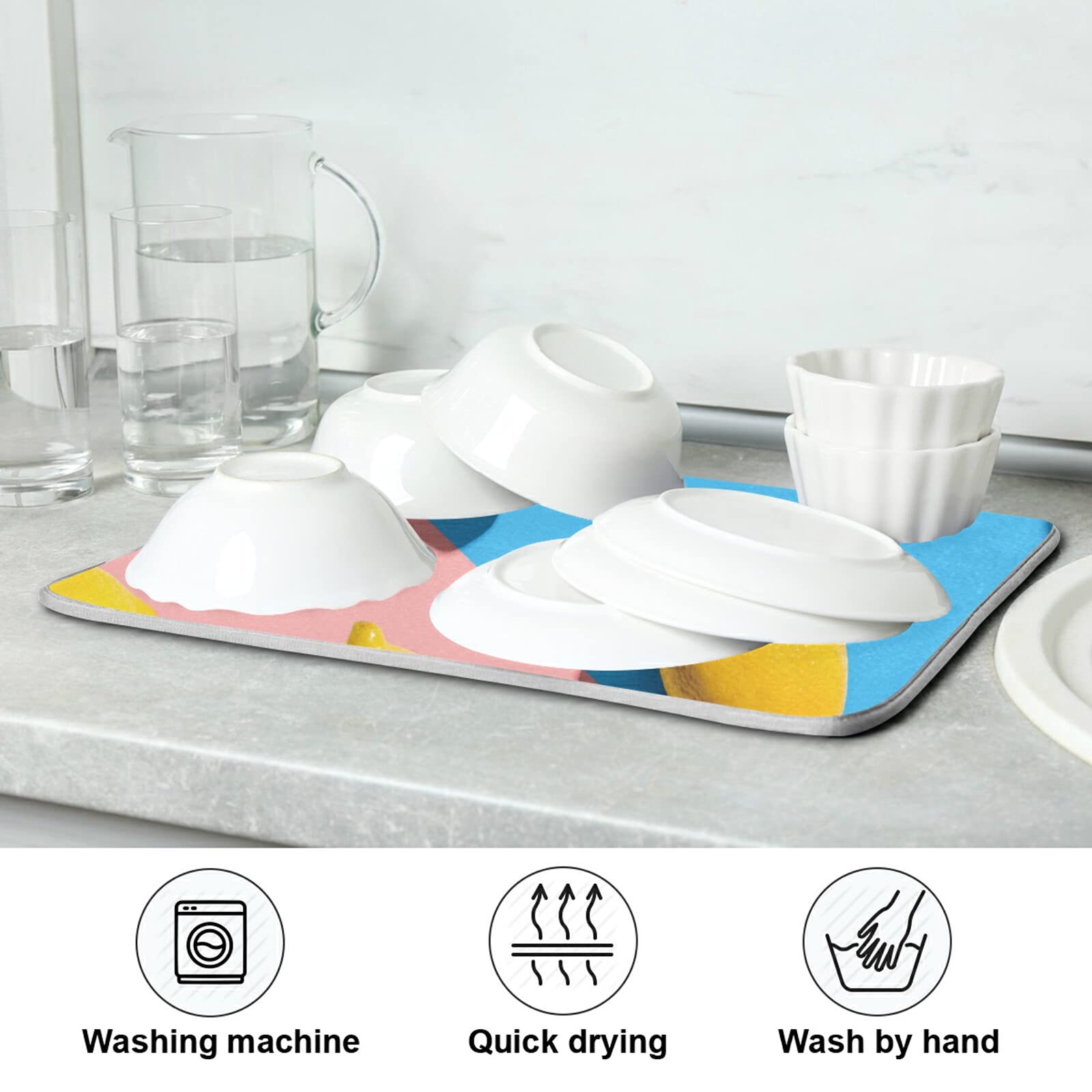 3D Lemon Fruit Kitchen Dish Drying Mat - 16x18 Inch Microfiber Reversible Drainer Rack Pad | Heat-Resistant, Washable Countertop Mat for Dishes, Cups & Utensils | Perfect for Kitchen Sink, Countertop & Dish Drainer Organization