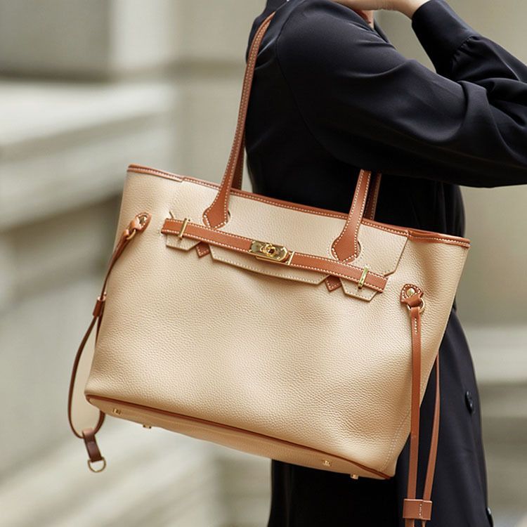 Genuine Leather Tote Bag with Lock Design - Large Capacity Shoulder Bag for Women, Perfect for Work, Travel, and Everyday Use