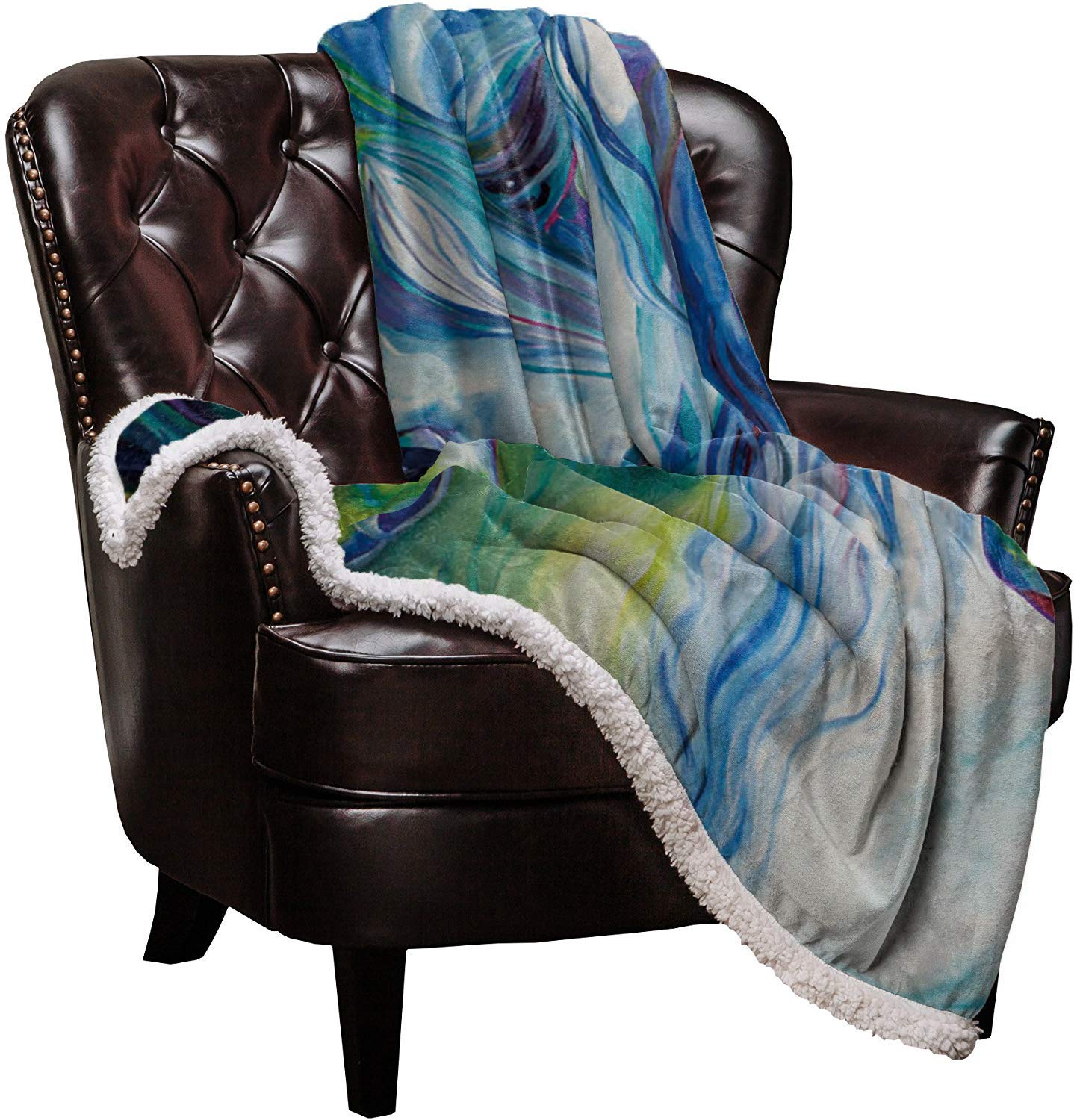 LUSWEET Sherpa Fleece Blanket - Ink Painting Style Colorful Horse Design, 40