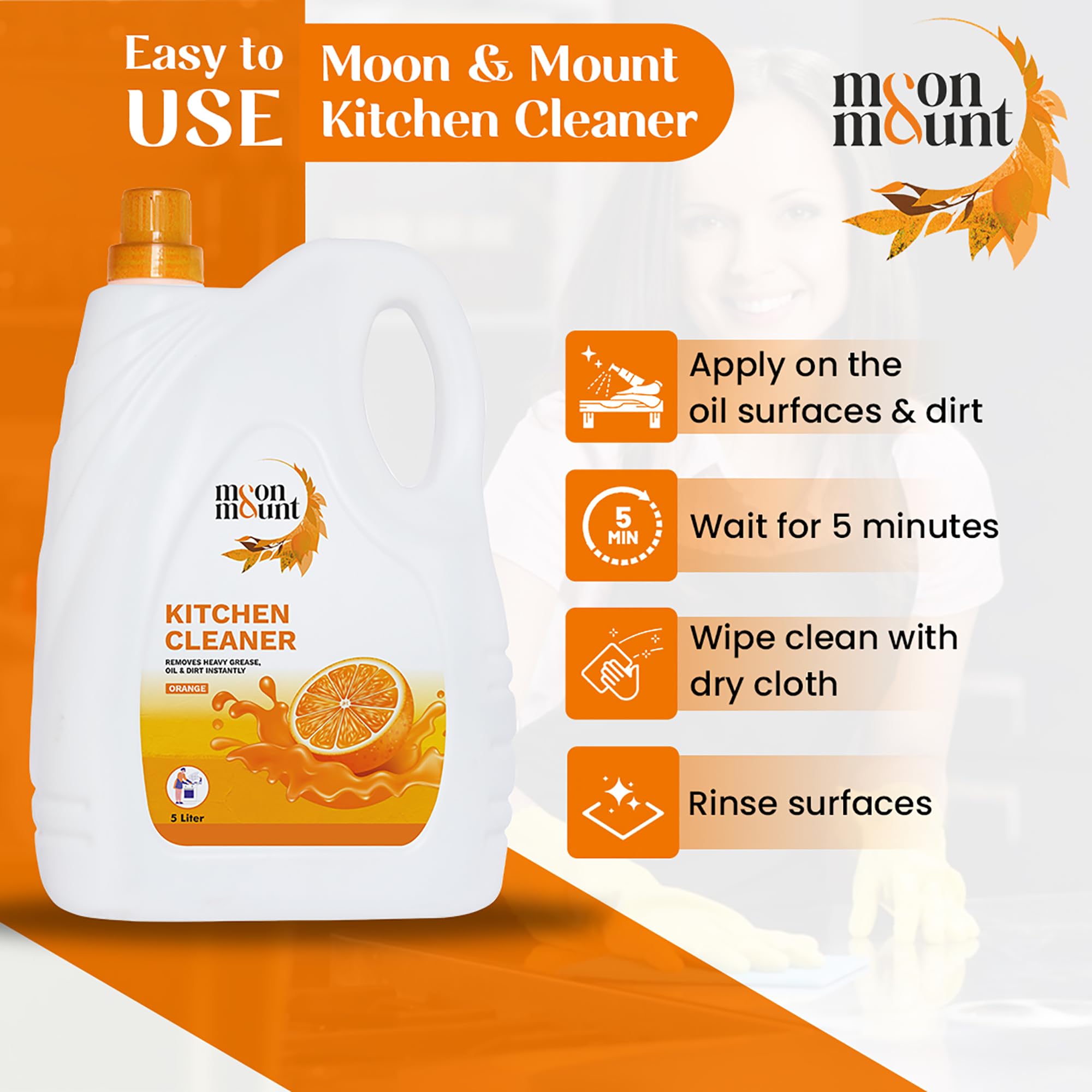 Moon & Mount 5L Kitchen Cleaner | Non-Toxic Glass Stove Top & Grease Remover | Orange Oil Stain Solution | Safe for Skin | Ideal for Home & Restaurant Kitchens