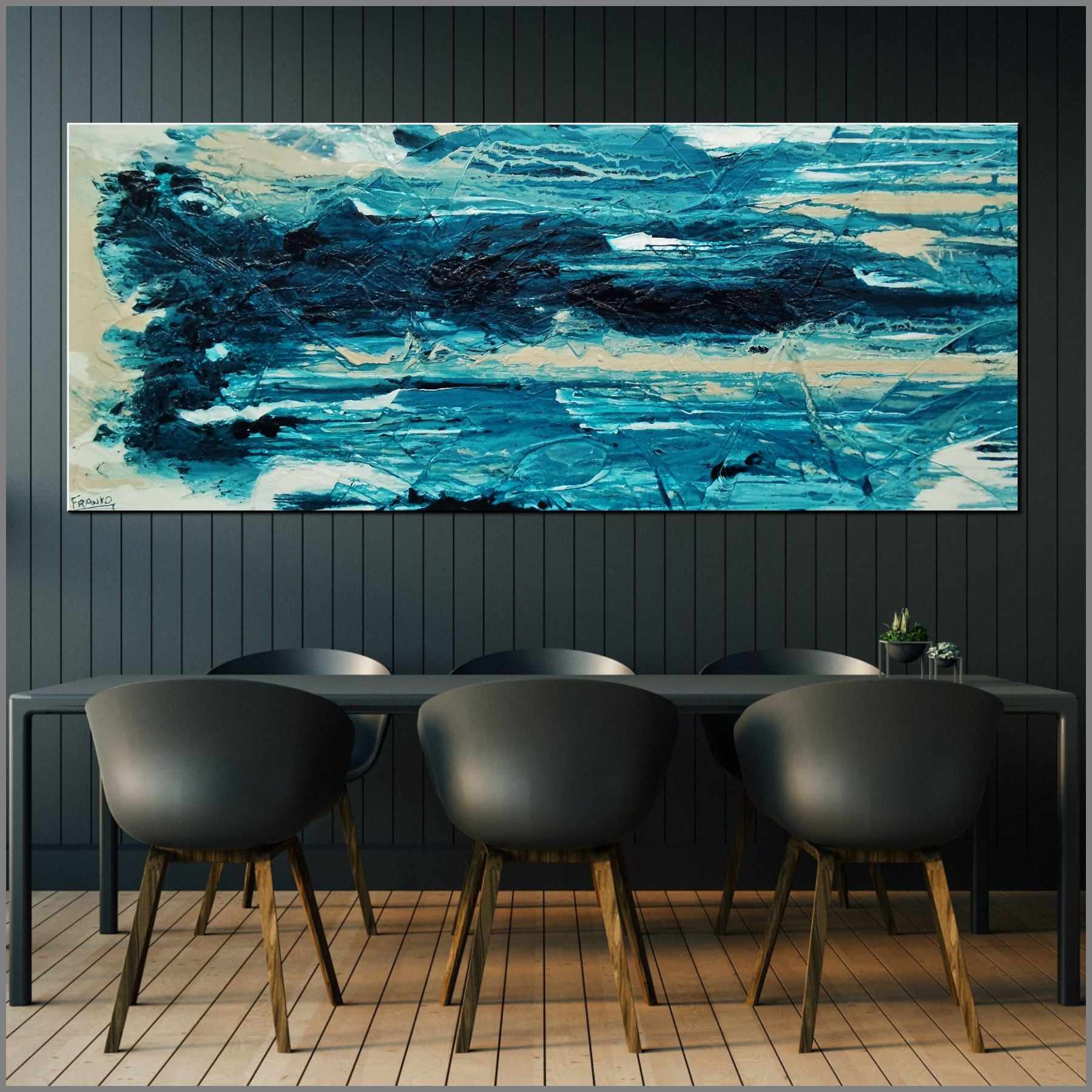200cm x 80cm Teal Cream White Textured Abstract Wall Art Painting - Modern Malted Southern Style for Living Room, Bedroom & Office Decor