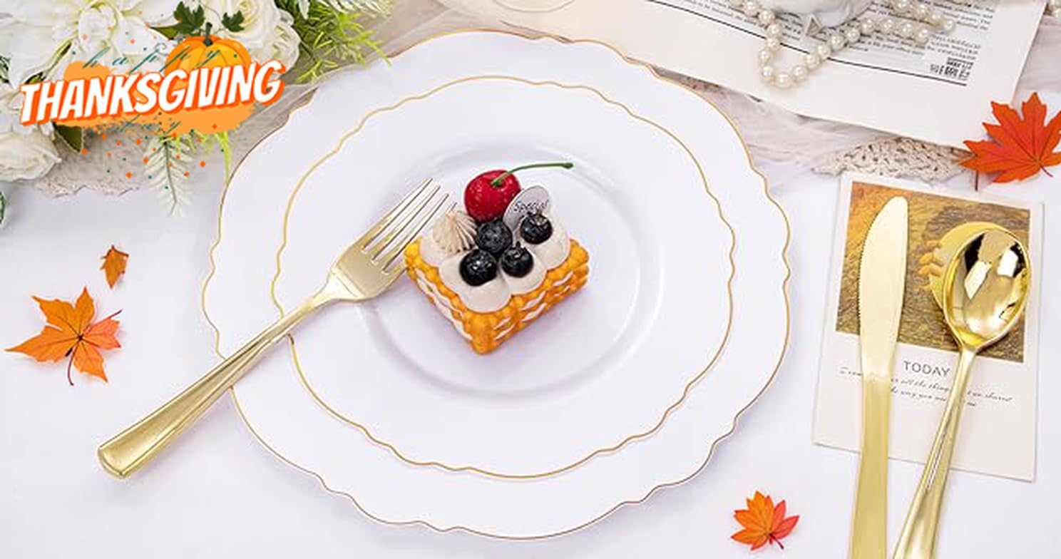 300-Piece Gold Plastic Cutlery Set & 100 Gold Plastic Plates - Elegant Baroque Design for Weddings, Parties, and Luxury Events