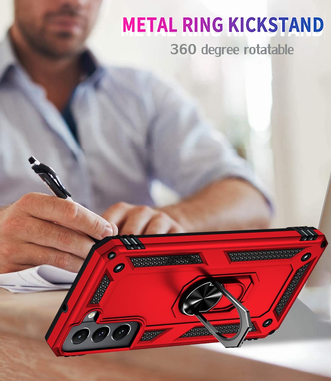 Military Grade Heavy Duty Armor Case for Samsung Galaxy S22 5G (SM-S901U) with Tempered Glass Screen Protector & Magnetic Metal Ring - Shockproof Protective Cover in Red | Perfect for Outdoor, Work & Travel