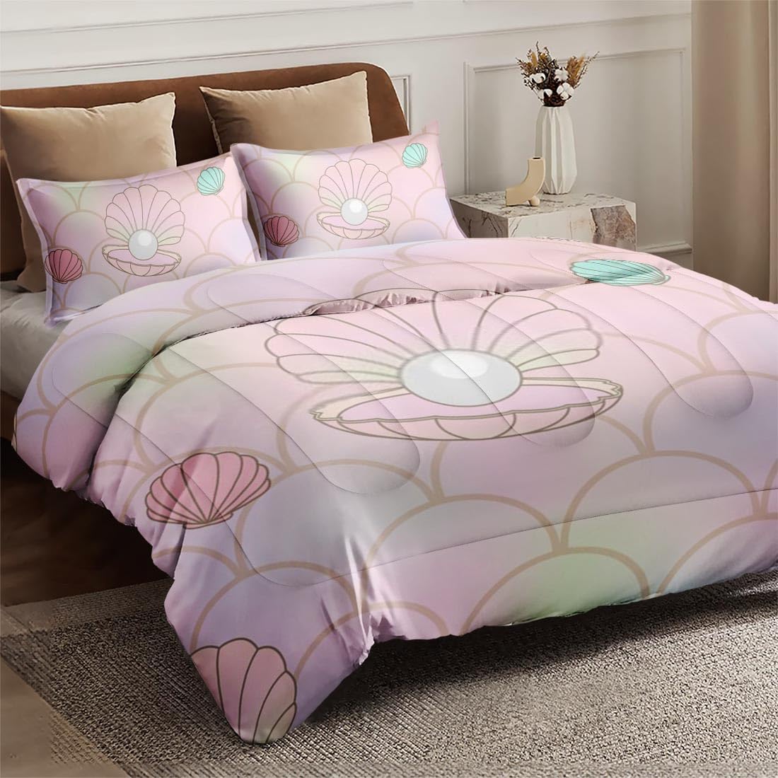 **King Size Mermaid Seashell Comforter Set - Soft Pink Ocean Bedding for Kids & Adults, Includes 2 Pillowcases - Perfect for Bedroom Decor & Coastal-Themed Rooms**