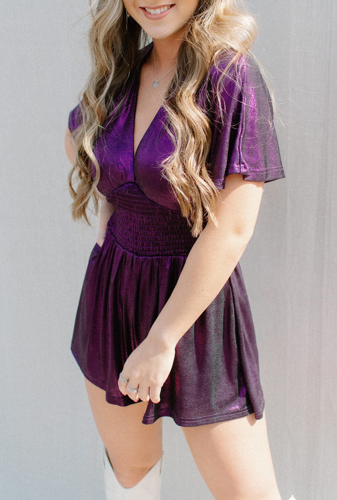 Stylish Purple Metallic Short Sleeve Romper Jumpsuit for Women - Perfect for Summer Outfits, Beach Vacations & Night Out Parties