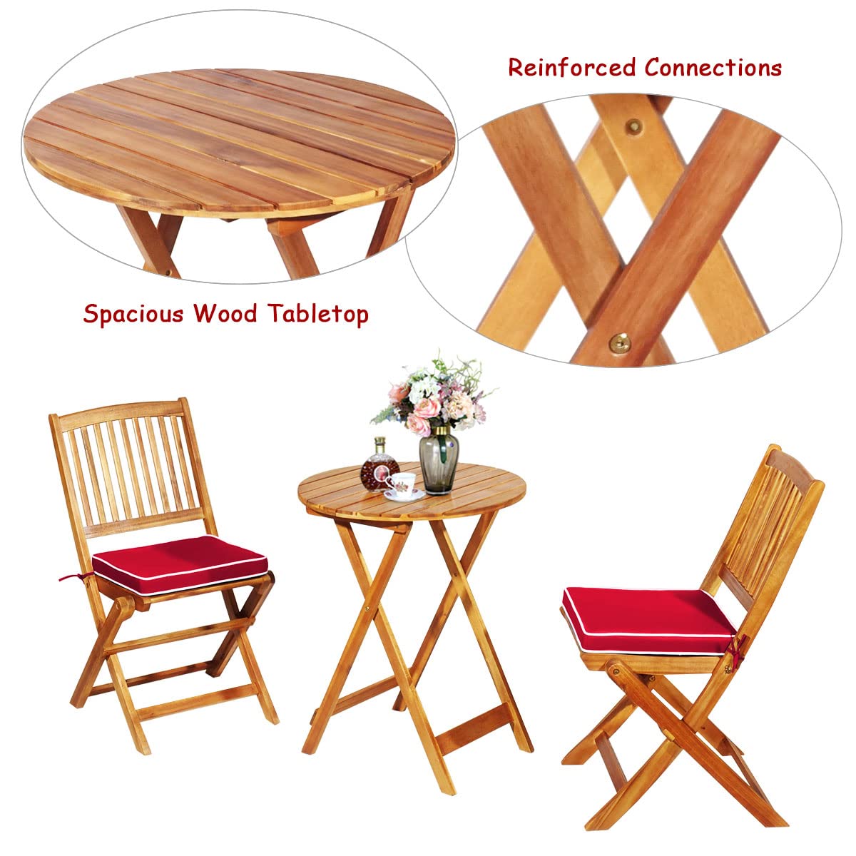 Tangkula 3-Piece Patio Folding Bistro Set - Acacia Wood Outdoor Dining Chairs with Padded Cushions & Round Coffee Table - Perfect for Garden, Poolside, Balcony, and Indoor Use (Red)
