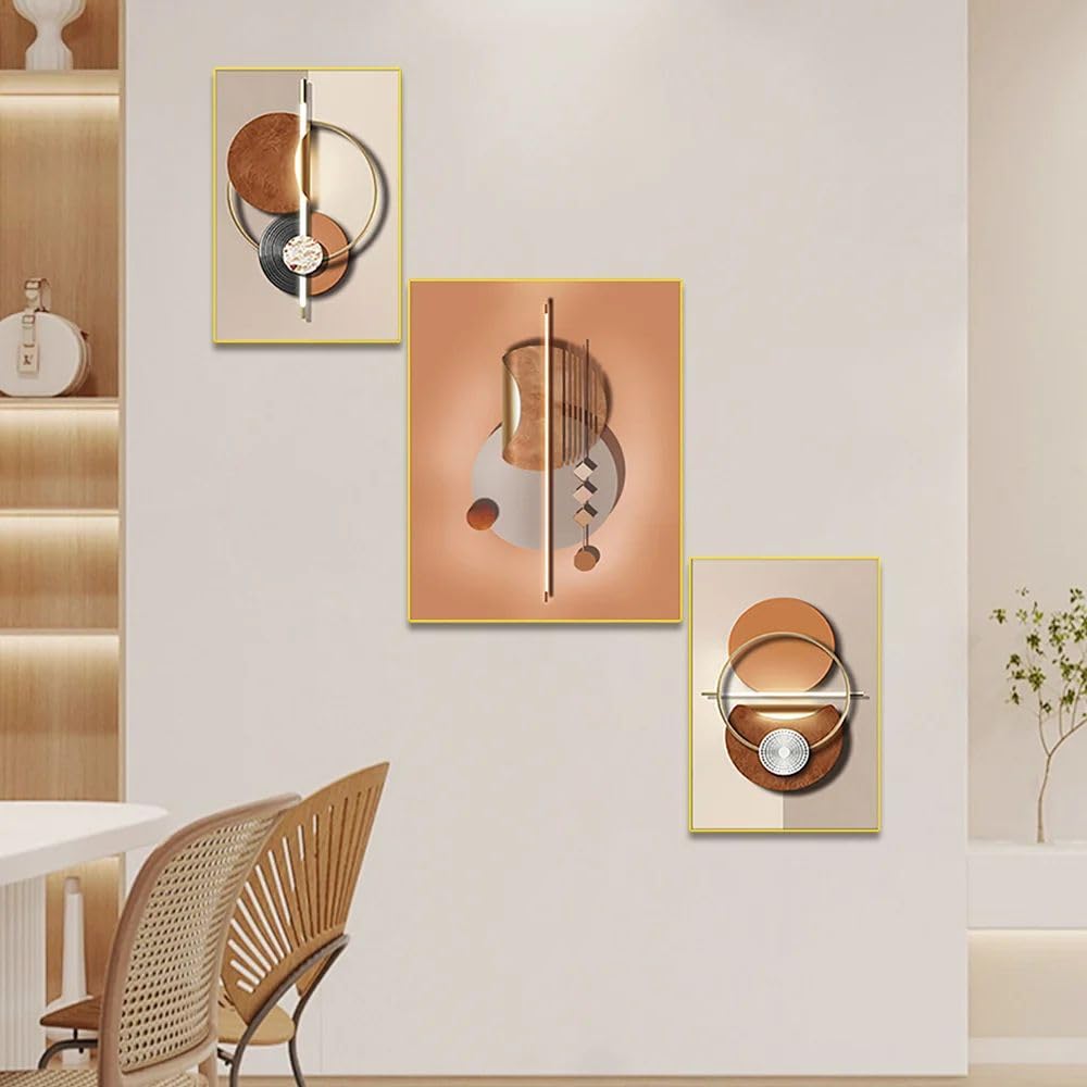 Abstract Wall Art Set of 3 - Modern Geometric Canvas Paintings with Frame - Wall Decor for Living Room, Bedroom & Office - Home & Office Decor