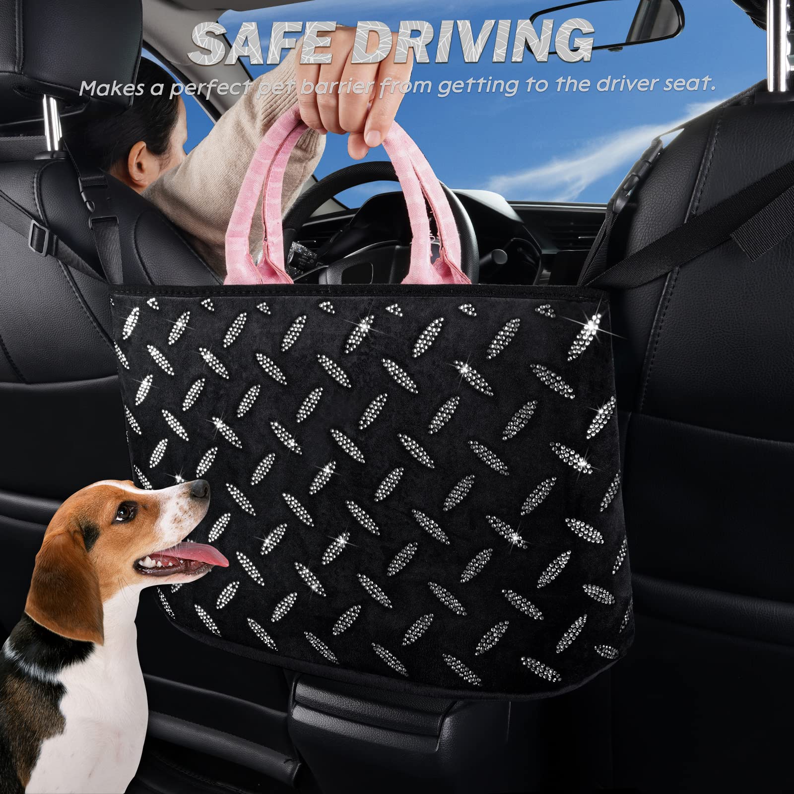 Crystal Car Organizer & Storage Purse Holder with Bling Diamonds - White Seat Back Net Handbag Accessories for Women, Pet Barrier for Dogs & Kids - Perfect for Road Trips & Daily Commutes