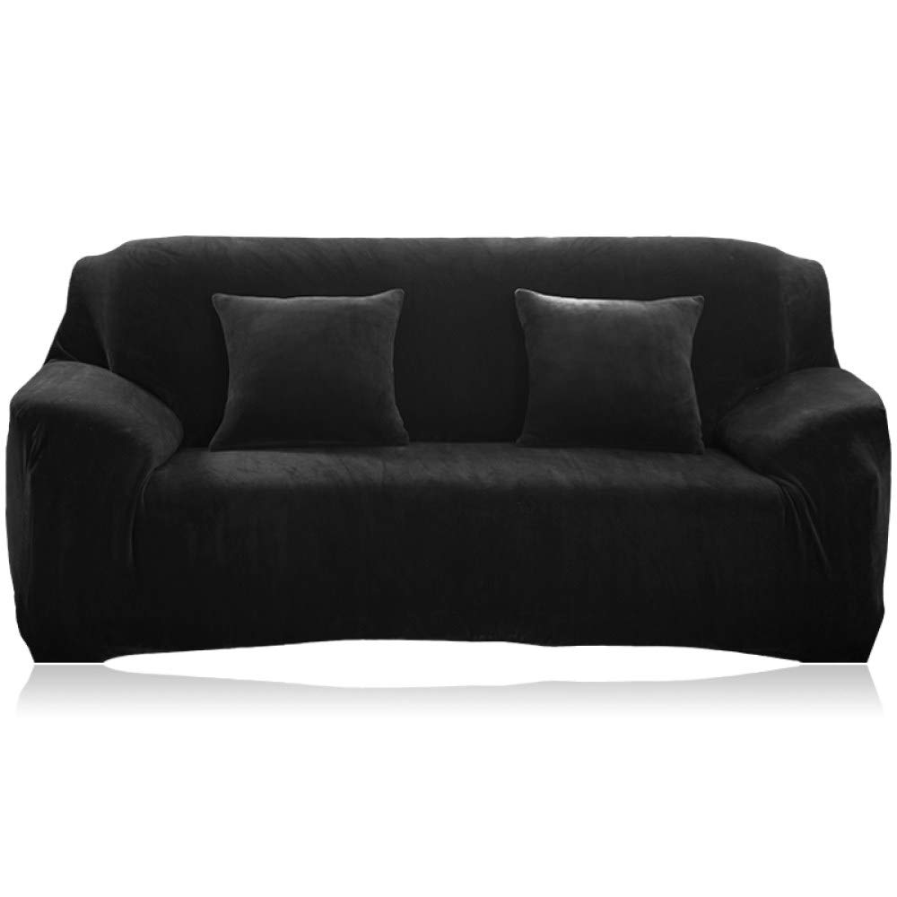 Velvet Plush Stretch Sofa Cover for Living Room - Elastic Couch Protector Fits 1/2/3/4 Seater Sectional Sofas (90-140cm) - Soft Black Furniture Protector for Pets, Kids & Everyday Use