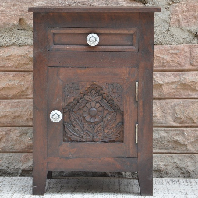 Hand Carved Solid Wood French Style Nightstand - Rustic Brown Bedside Table for Bedroom Decor | Perfect for Master Bedroom, Guest Room & Apartment