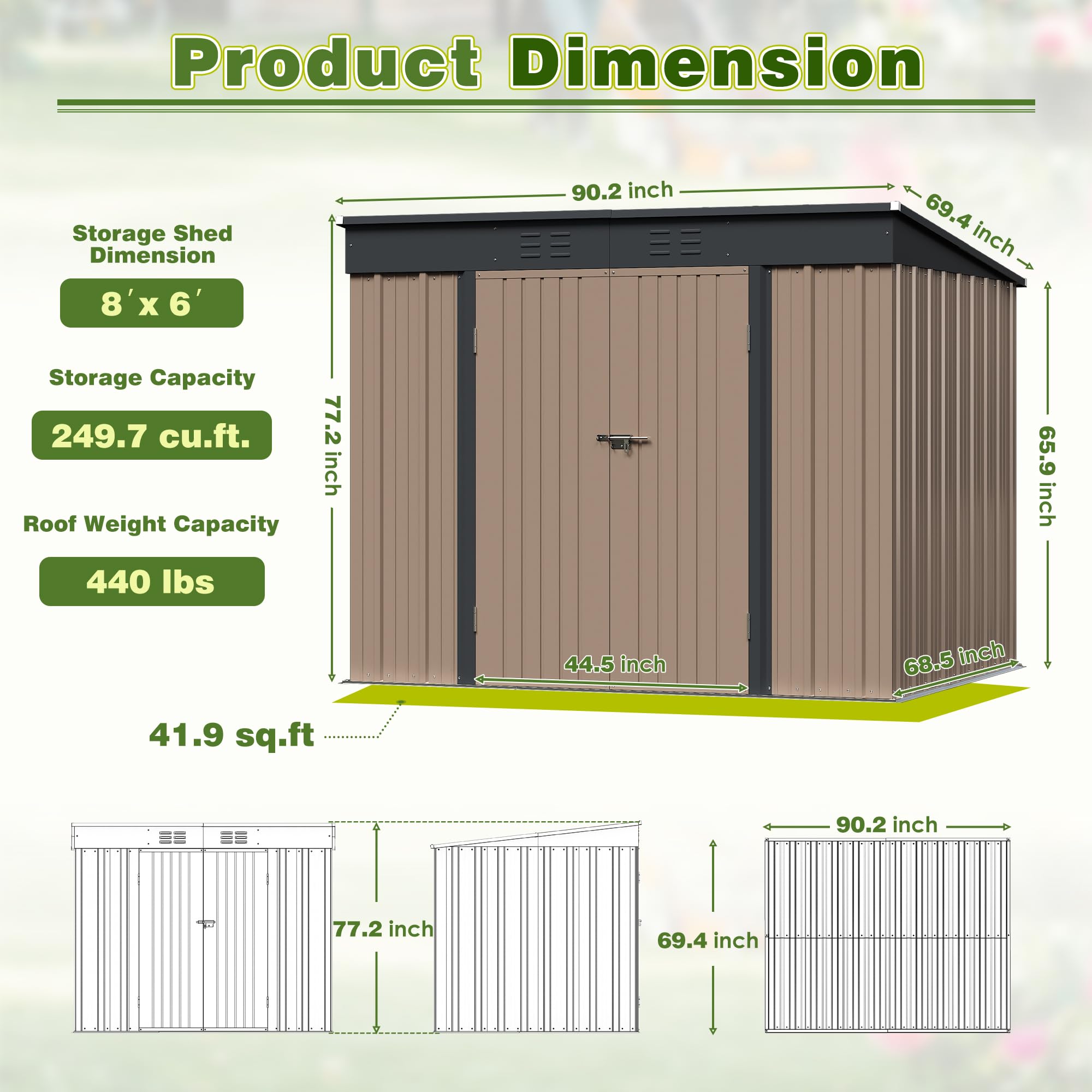 Greesum 6x8 ft Outdoor Storage Shed - Metal Utility Tool Shed with Lockable Door for Garden & Patio Storage (Brown) | Perfect for Backyard Organization, Lawn Equipment & Seasonal Item Storage