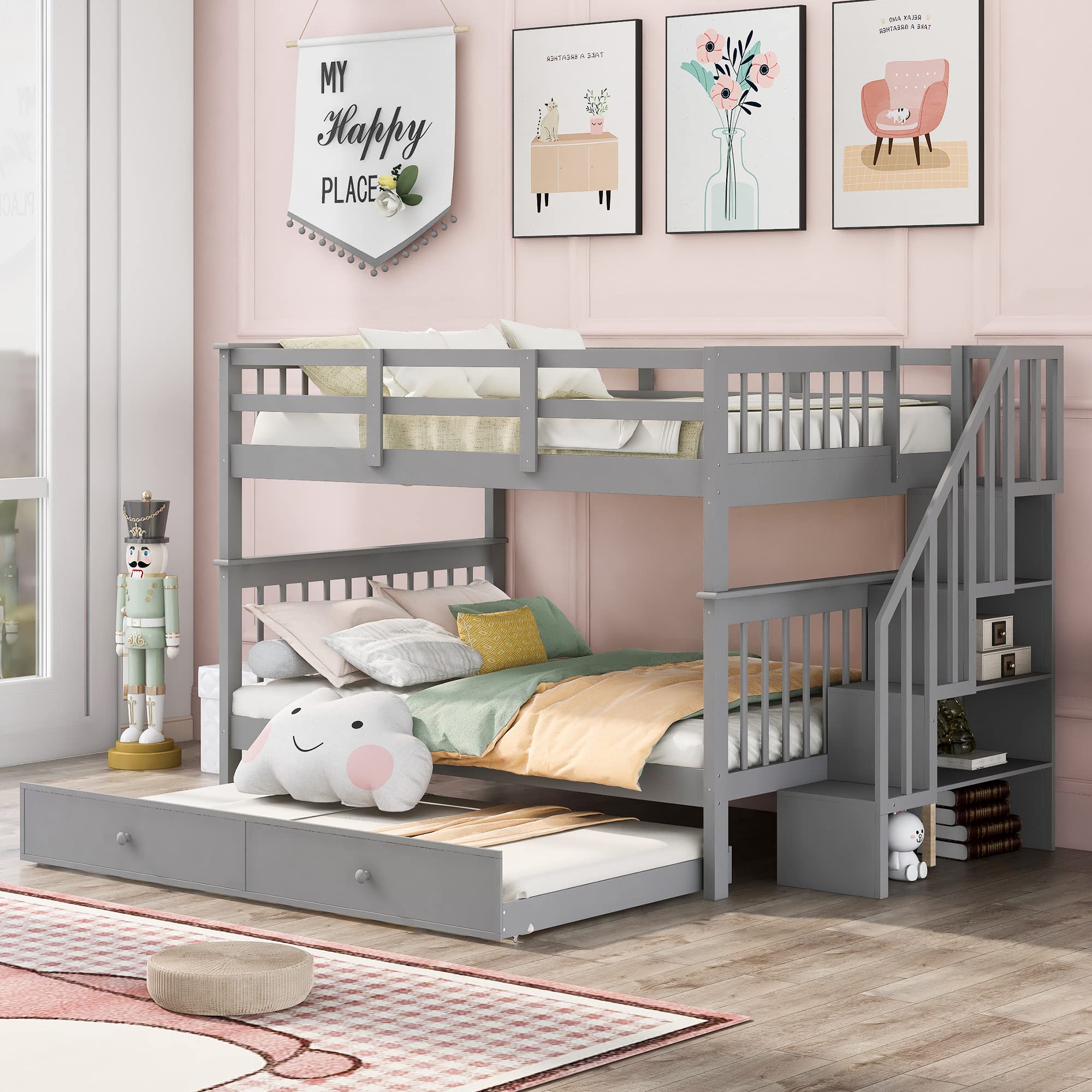 Full Over Full Wooden Bunk Bed Frame with Stairs & Trundle - Convertible Kids Bunk Bed in Grey | Space-Saving Bedroom Solution for Siblings, Sleepovers & Guest Rooms