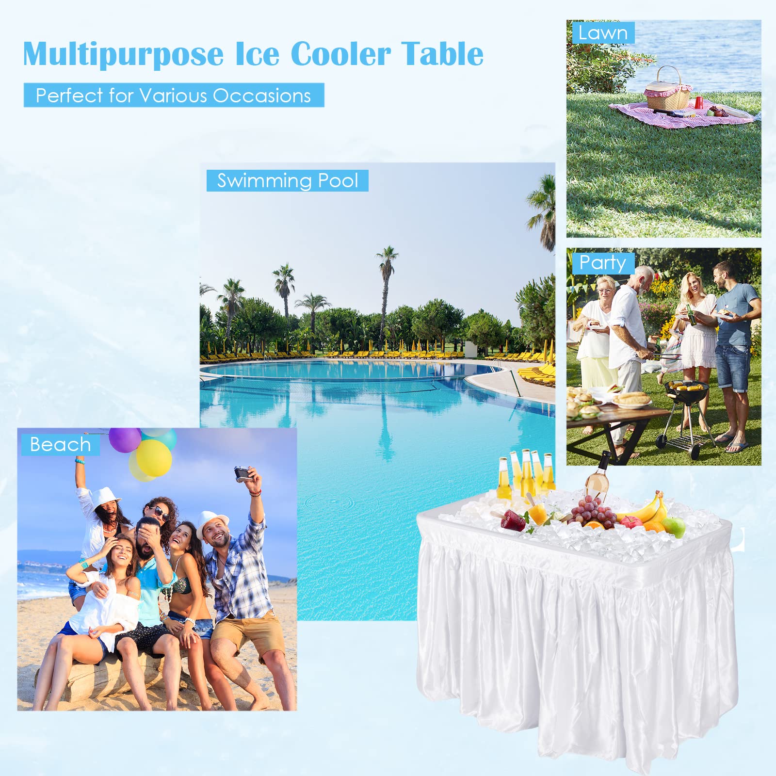 KOTEK Foldable Ice Cooler Table with Skirt & Drain Hose - Portable Beverage Cooler for Parties, Picnics, BBQ, Camping - Perfect for Outdoor Events, Tailgating, Beach Days & Backyard Gatherings (White)