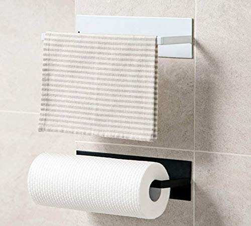RASIKVAR Stainless Steel Adhesive Towel Bar - Heavy Duty Bathroom Towel Holder, Wall Mounted Self Adhesive Hanger for Kitchen & Bathroom Accessories (Black) - Perfect for Small Spaces, Apartments, and RVs