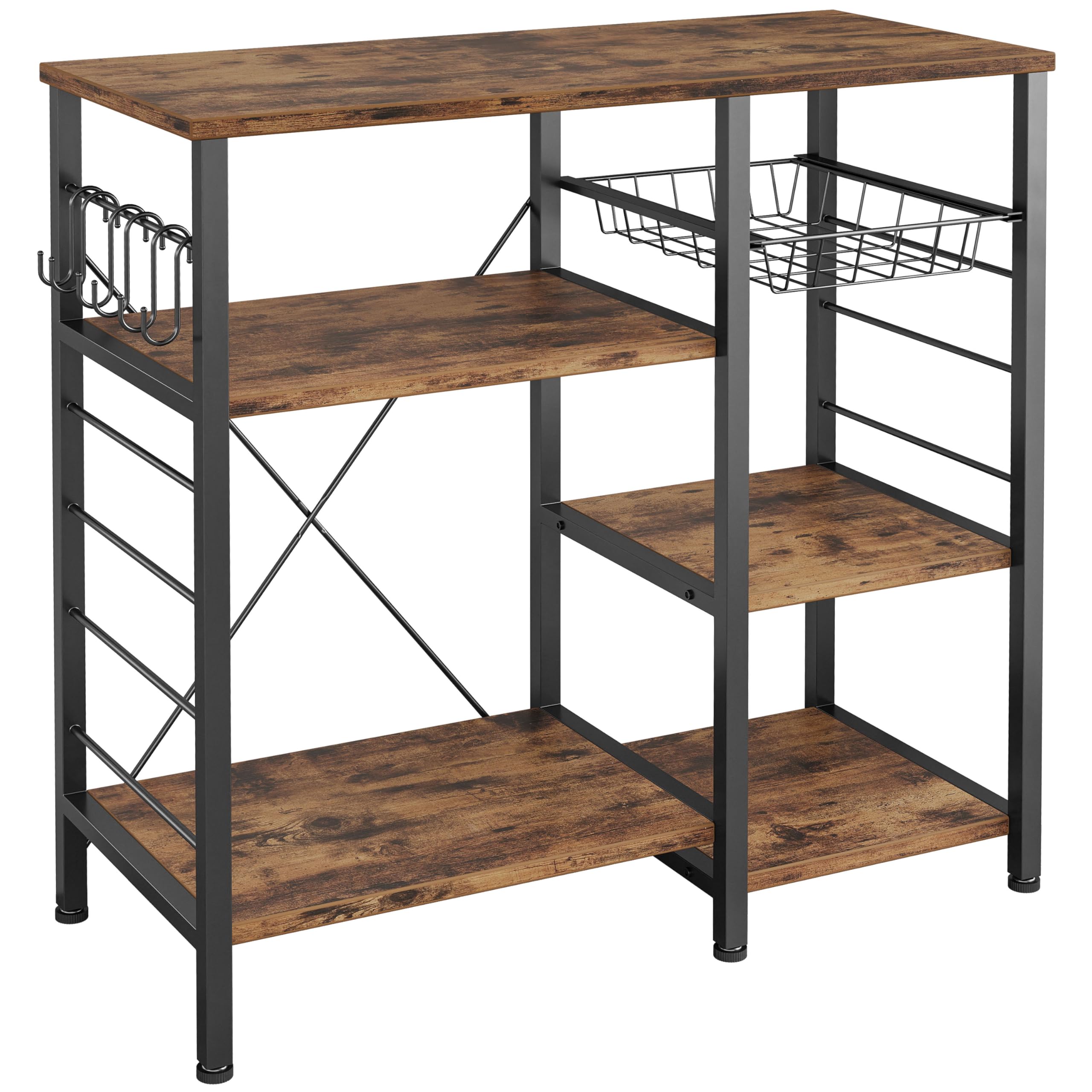 IRONCK Industrial Kitchen Baker’s Rack - Heavy Duty Metal Storage Shelf with 6 Hooks for Coffee Bar, Microwave Stand & Kitchen Island - Vintage Brown Finish, Easy Assembly - Perfect for Small Spaces & Home Organization