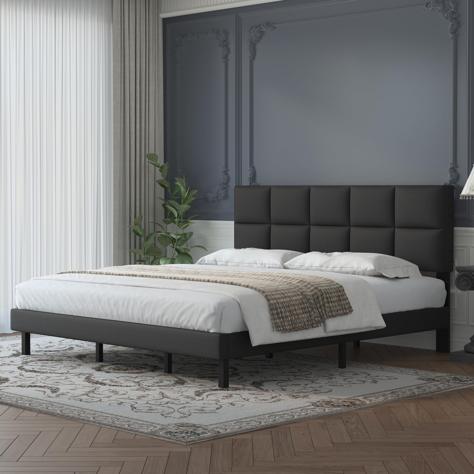 Natulliy Upholstered Queen Size Bed Frame with Headboard & Underbed Storage | Heavy Duty Steel Slat Support | Black Platform Bed | Perfect for Master Bedroom, Guest Room & Small Spaces