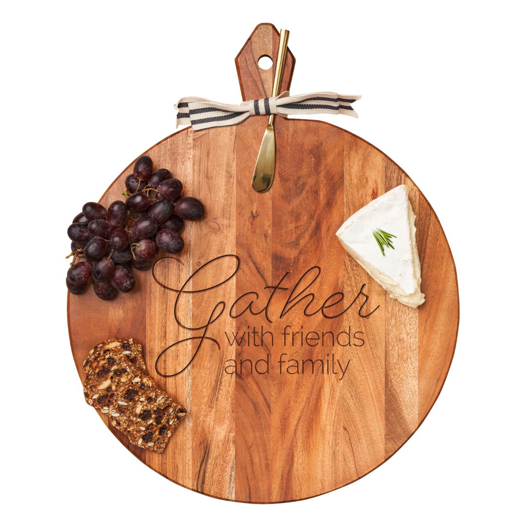 Premium Acacia Wood Heirloom Round Cheese Board with Gold Cheese Spreader & Ribbon - 20