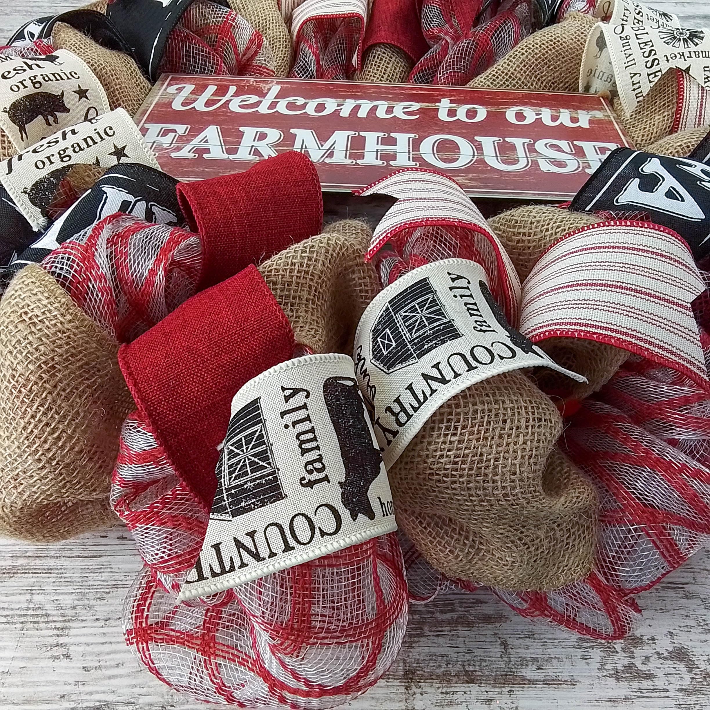 Farmhouse Wreath - Rustic Burlap Decor for Everyday & Mother's Day - Red and Black Burlap Wreath for Front Door, Wall Decor, and Seasonal Home Decorating