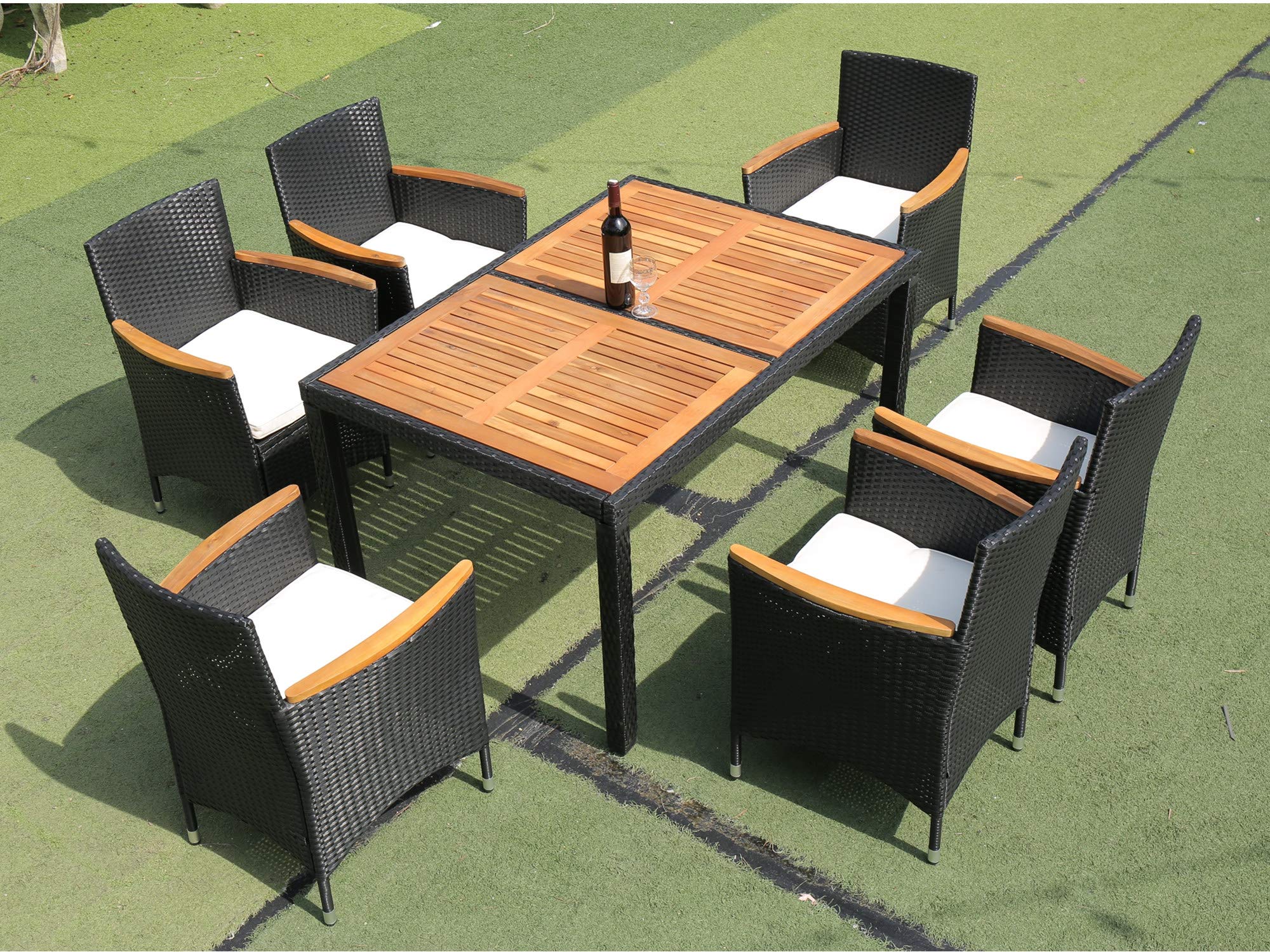 Veryke 7-Piece Outdoor Patio Furniture Set - Wicker Rattan Dining Chairs with Wide Armrests & Acacia Wood Table Top - Weather-Resistant PE Material, Easy to Clean - Perfect for Garden, Backyard, Poolside & Outdoor Entertaining