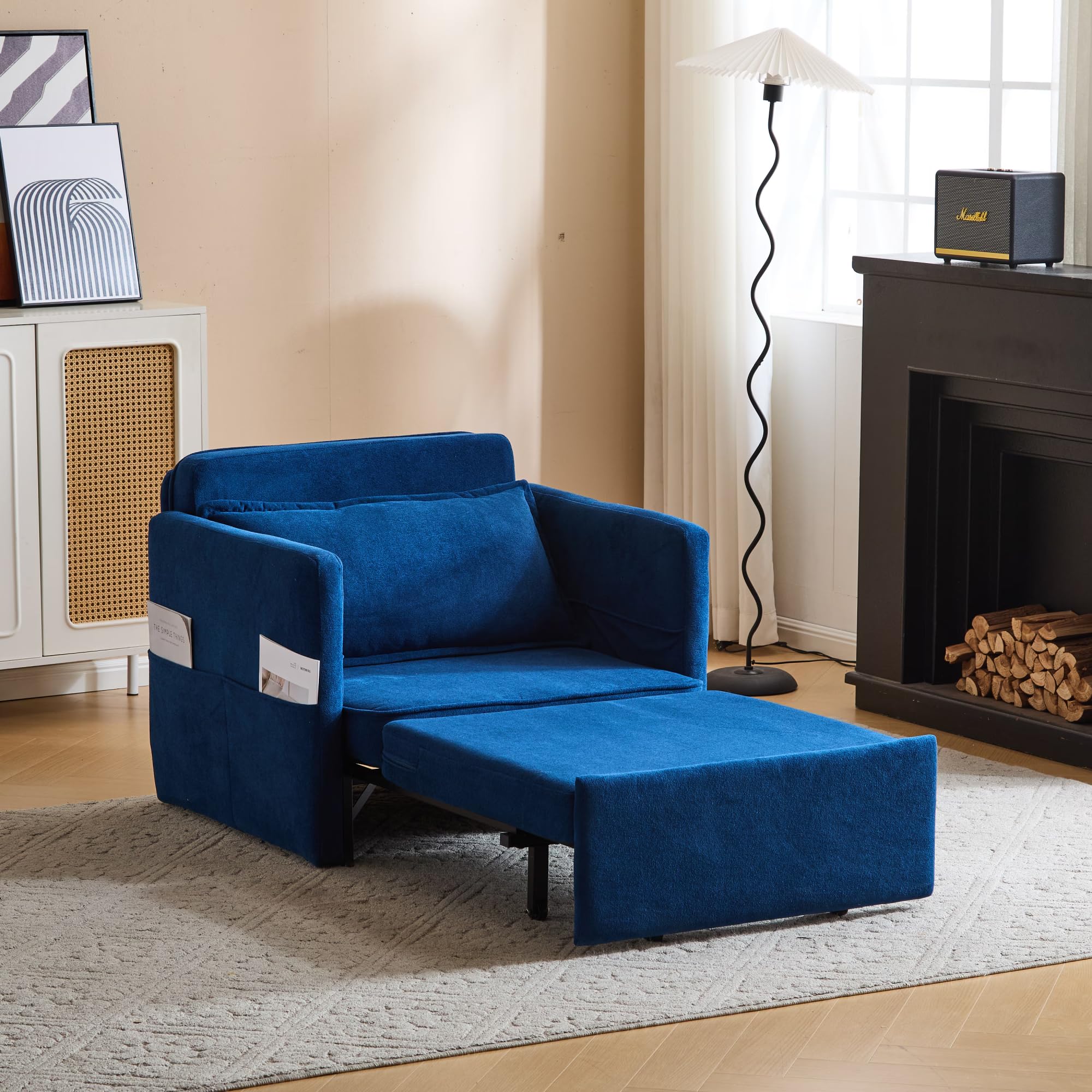 FlexiSpot 3-in-1 Convertible Sleeper Chair Bed with USB Port & Tray Table - Adjustable Backrest Sofa Bed for Small Spaces - Perfect for Apartments, Living Rooms & Guest Rooms (Blue)