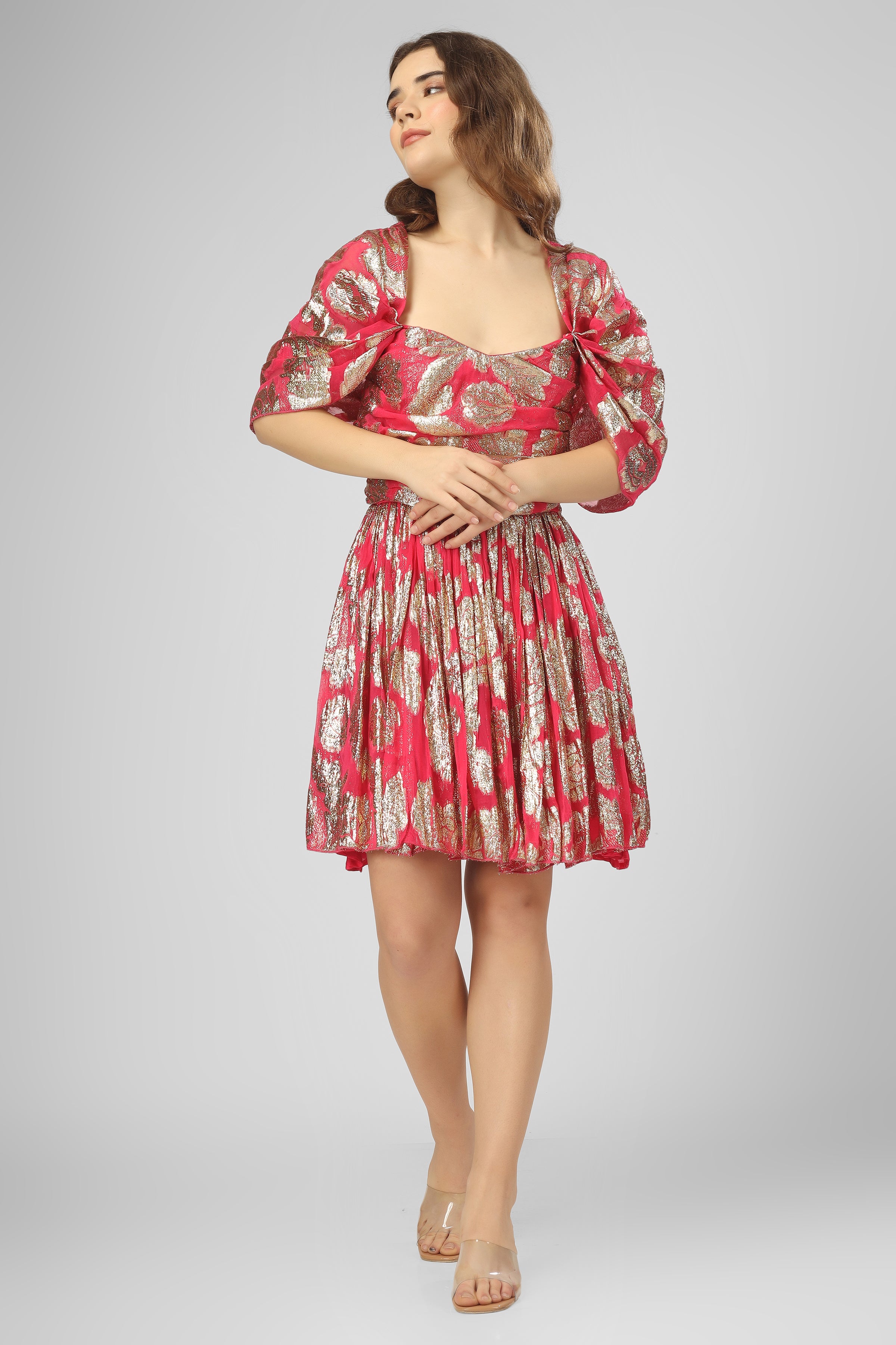 Stylish Sydney Metallic Printed Mini Dress in Fuchsia Pink - Perfect for Parties, Night Out & Special Occasions