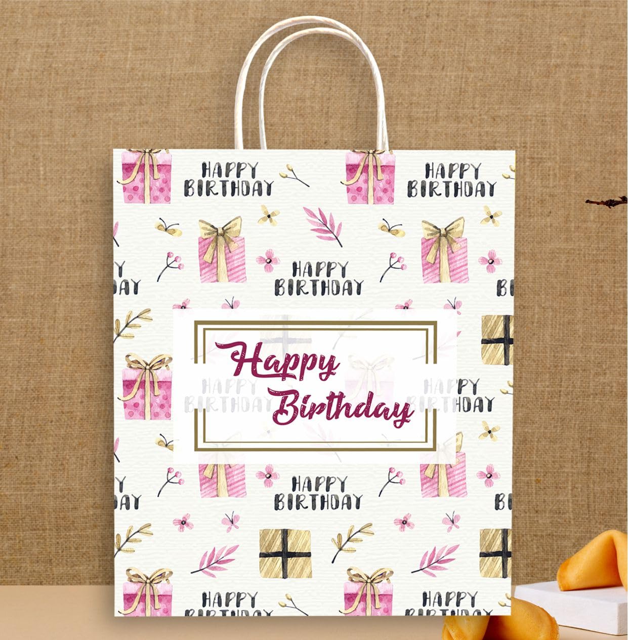 Omnipresent Pack 12-Piece Happy Birthday Printed Paper Gift Bags - 11.4x9.4x4.7 Inch Cream Colored 90 GSM - Perfect for Party Favors, Wedding Gifts & Holiday Presents