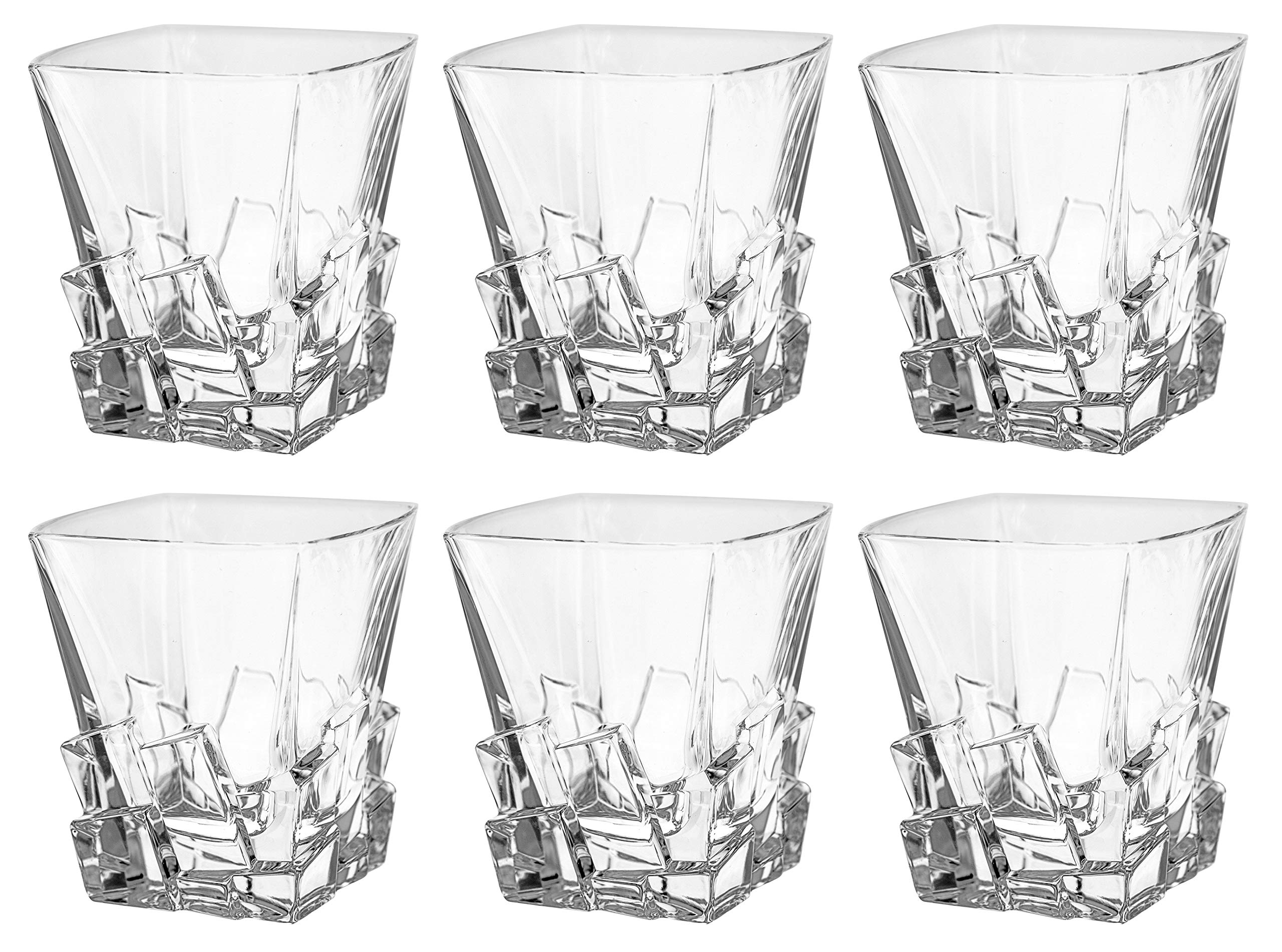Barski Premium European Crystal Glass Set - 6 Square Double Old Fashioned Tumblers (11.7 oz) with Ice Cube Design - Handcrafted in Europe - Perfect for Whiskey, Cocktails & Home Bar Decor