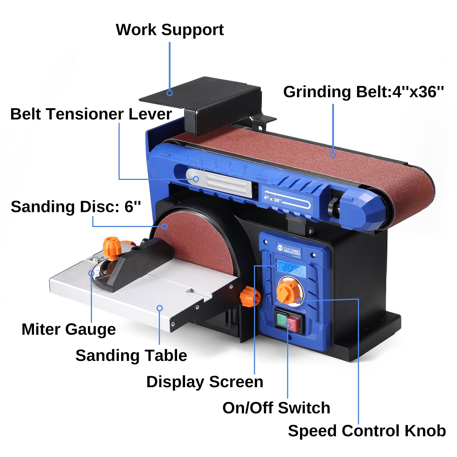 SainSmart 4x36 Inch Belt & 6 Inch Disc Sander Combo - Adjustable Speed up to 3450 RPM, Benchtop Sanding Machine with Full Copper Motor, 0-90° Belt & 0-45° Tilting Worktable, Dust Collection Port - Perfect for Woodworking, Metal Polishing, and DIY Projects